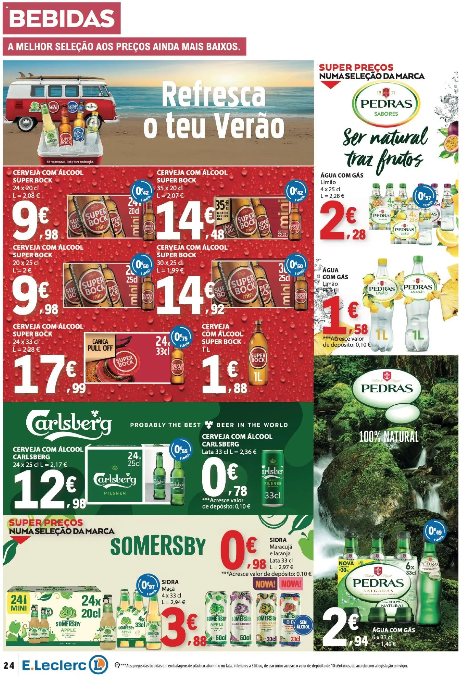 E.Leclerc folheto │ válido de 06/08/2026 | Página: 24 | Produtos: Super bock, Maça, Cerveja, Água com gás