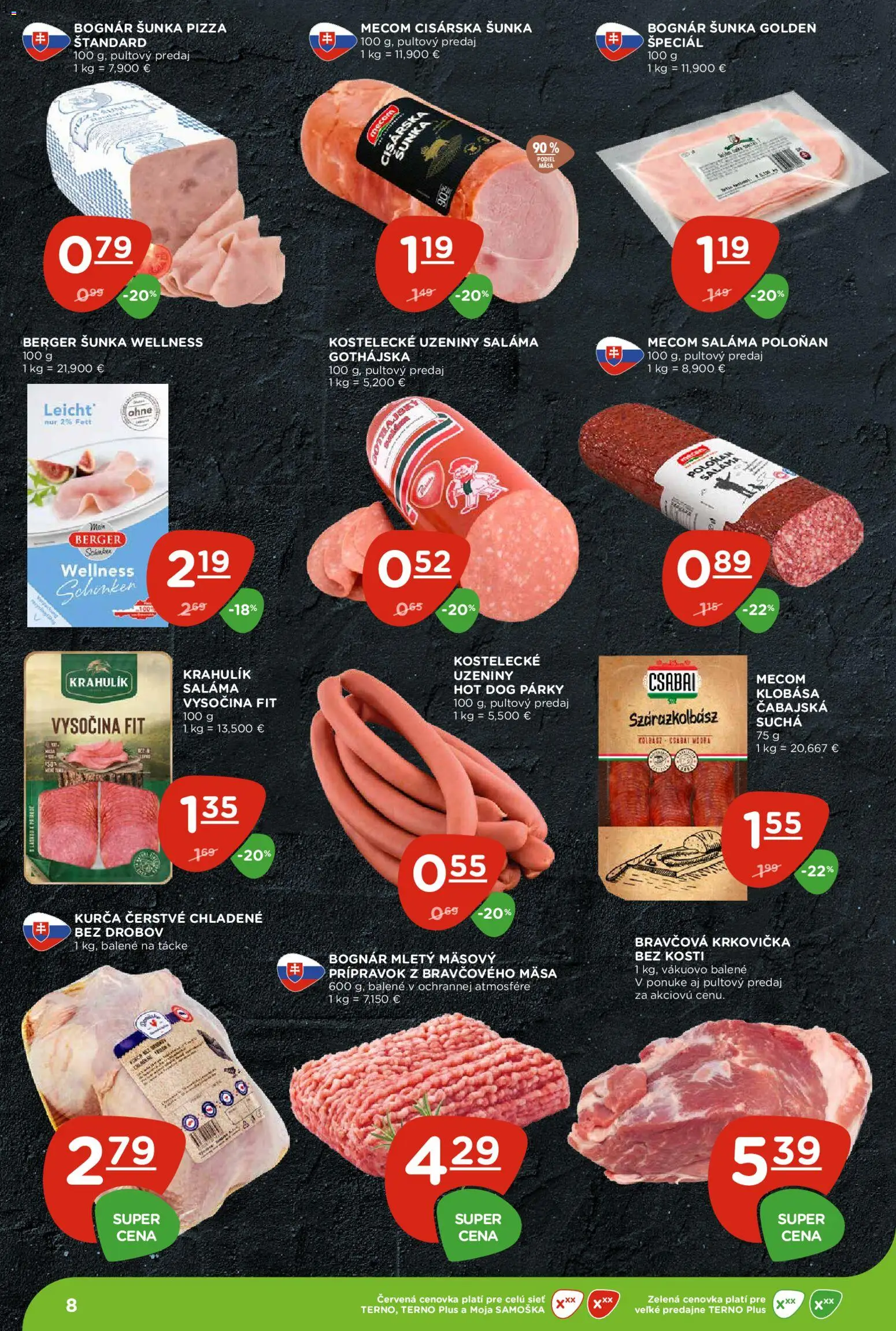 Nové Terno akcie – leták je platný od 02.07.2026 | Strana: 8 | Produkty: Saláma, Šunka, Párky, Kurča