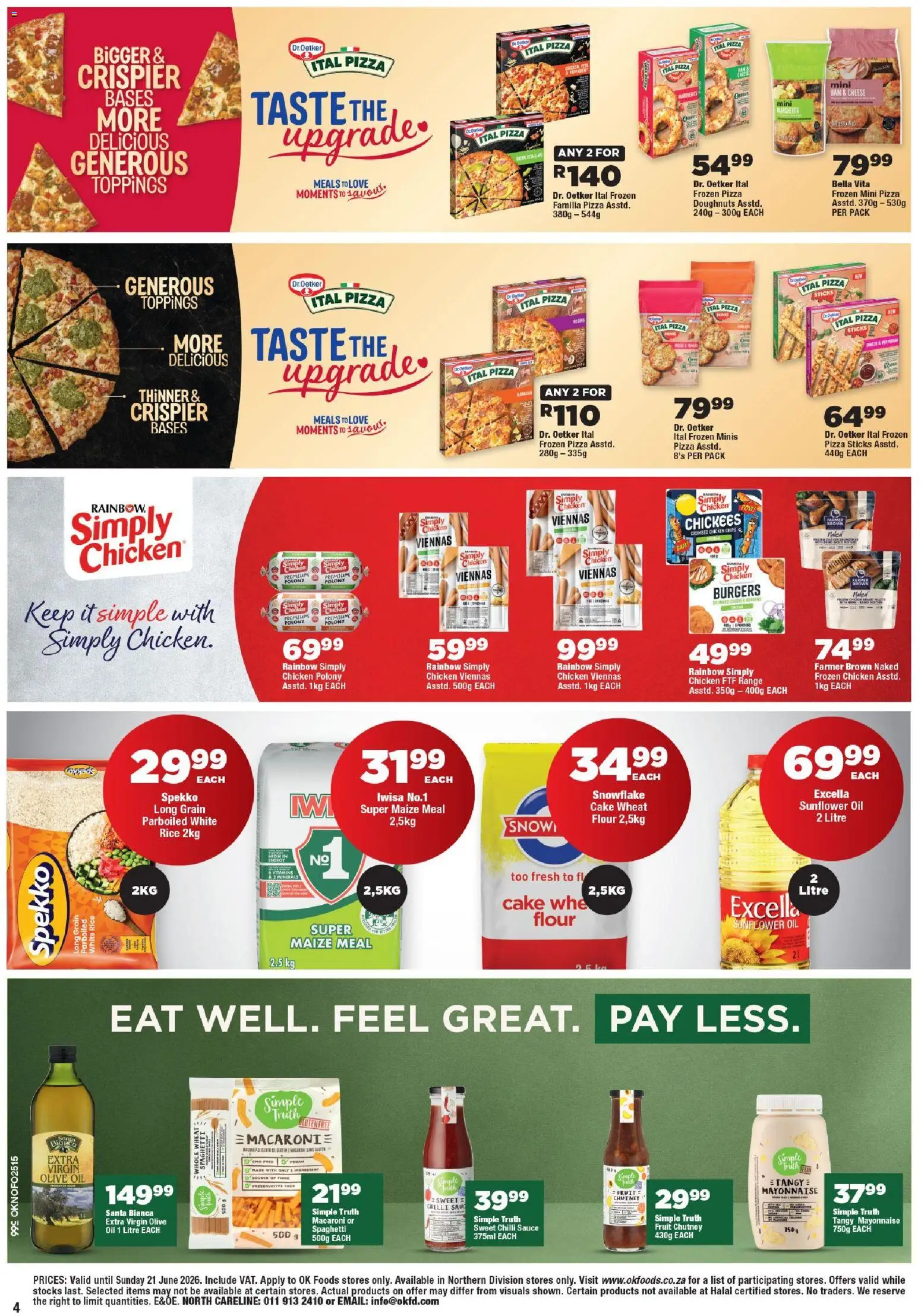New OK Foods catalogue – valid from 10.06.2026 | Page: 4 | Products: Flour, Maize meal, Cheese, Chicken