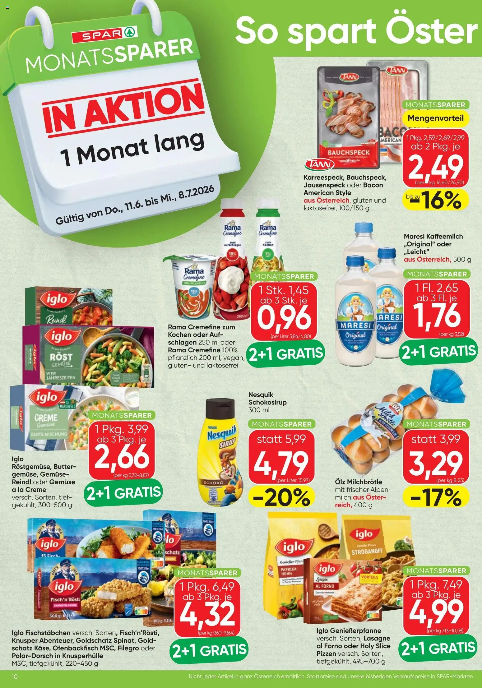 Spar - Flugblatt gültig ab 11.06.2026 | Seite: 10 | Produkte: Gemüse, Milch, Butter, Creme