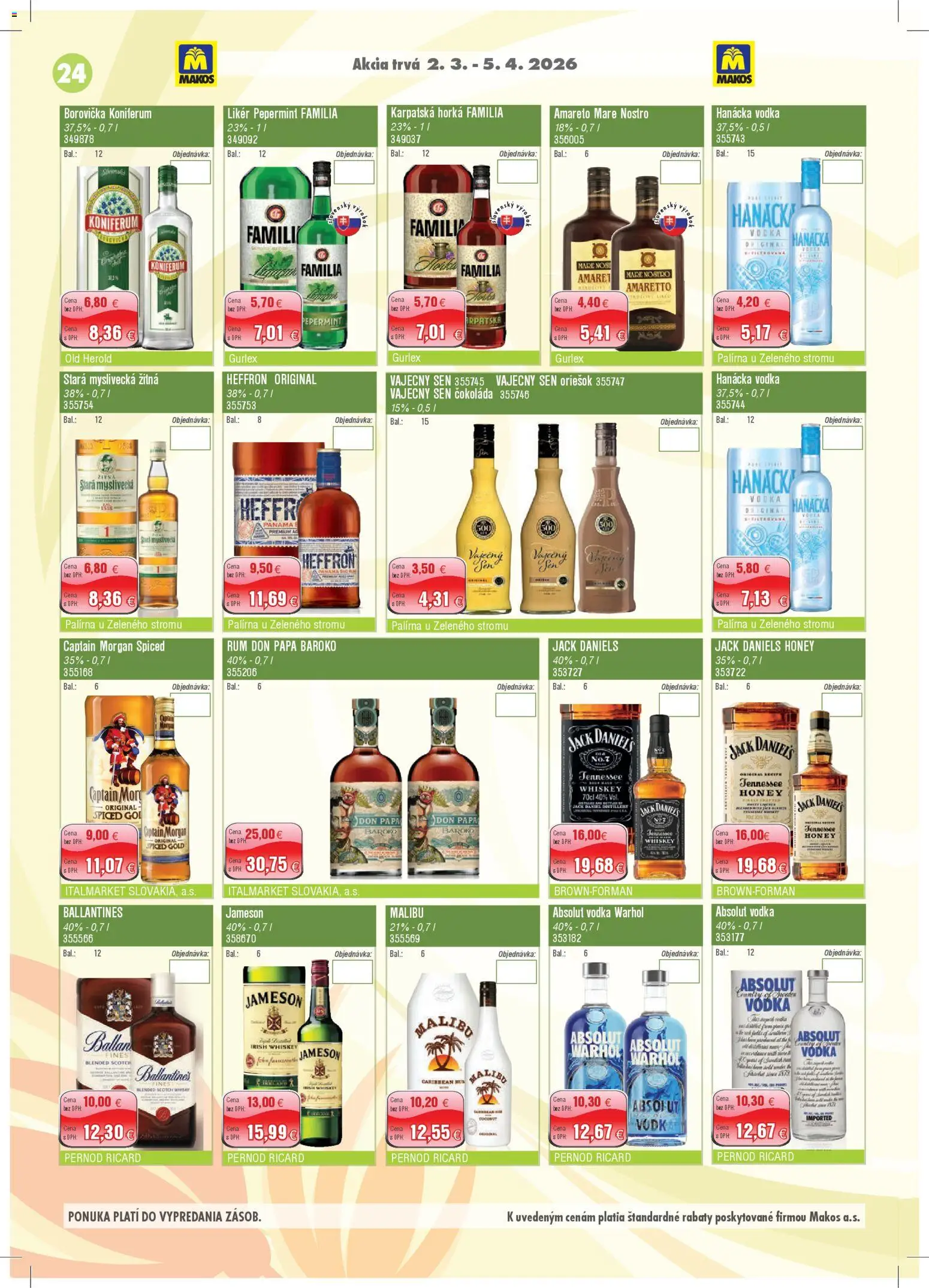 Nové Makos akcie – leták je platný od 02.03.2026 | Strana: 24 | Produkty: Koniferum, Vodka, Rum, Jack Daniel's