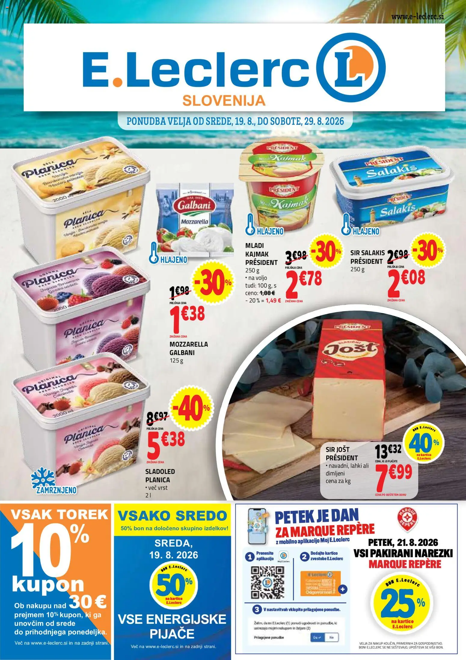 Novi E.leclerc katalog ponudbe – veljaven od 19.08.2026 | Stran: 1 | Izdelki: Kajmak, Mozzarella, Sir, Sladoled
