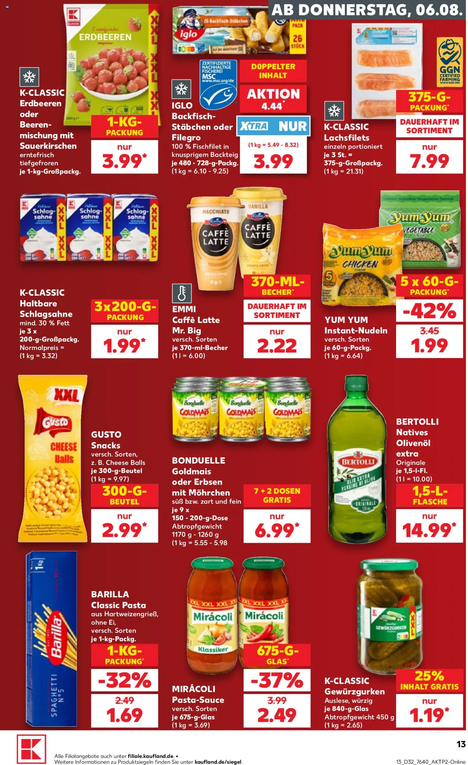 Kaufland Prospekt Bremen – gültig ab 06.08.2026 | Seite: 13 | Produkte: Barilla, Iglo, Erdbeeren, Erbsen