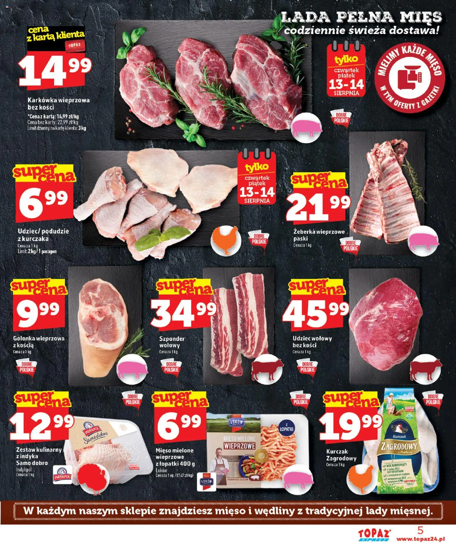Topaz gazetka - Express od 13.08.2026 | Strona: 5 | Produkty: Żeberka, Żeberka wieprzowe, Mięso mielone, Gazety