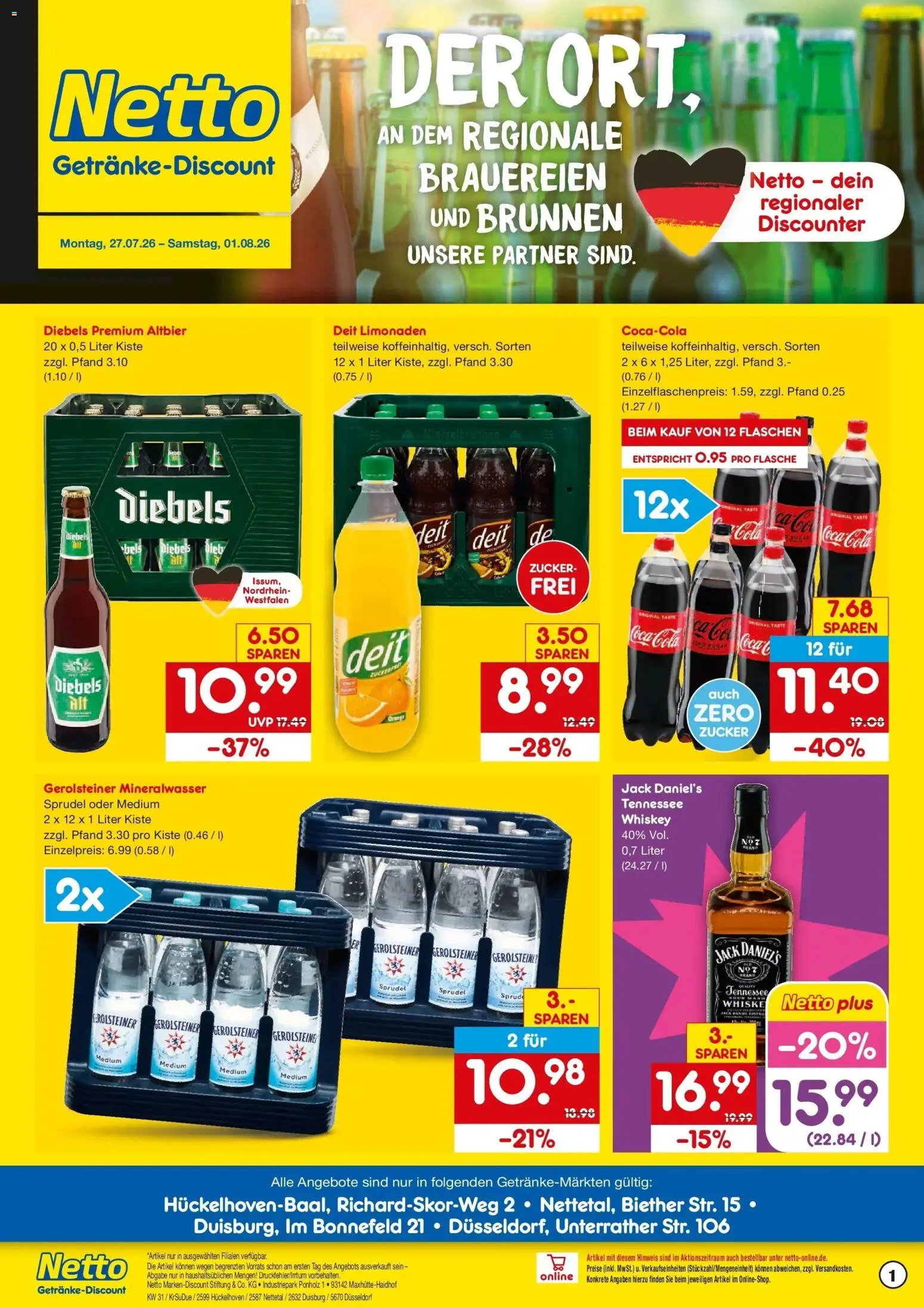 Netto Marken-Discount Prospekt Hückelhoven-Baal – gültig ab 27.07.2026 | Seite: 1 | Produkte: Cola, Jack Daniel's, Zucker, Gerolsteiner