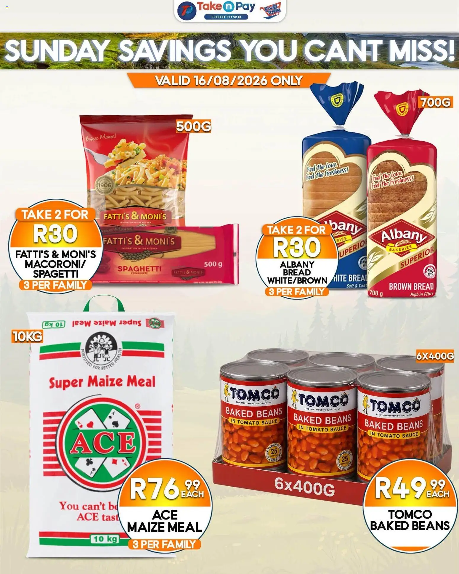 New Take n Pay catalogue – valid from 16/08/2026 | Page: 4 | Products: Beans, Baked beans, Tomato sauce, Spaghetti