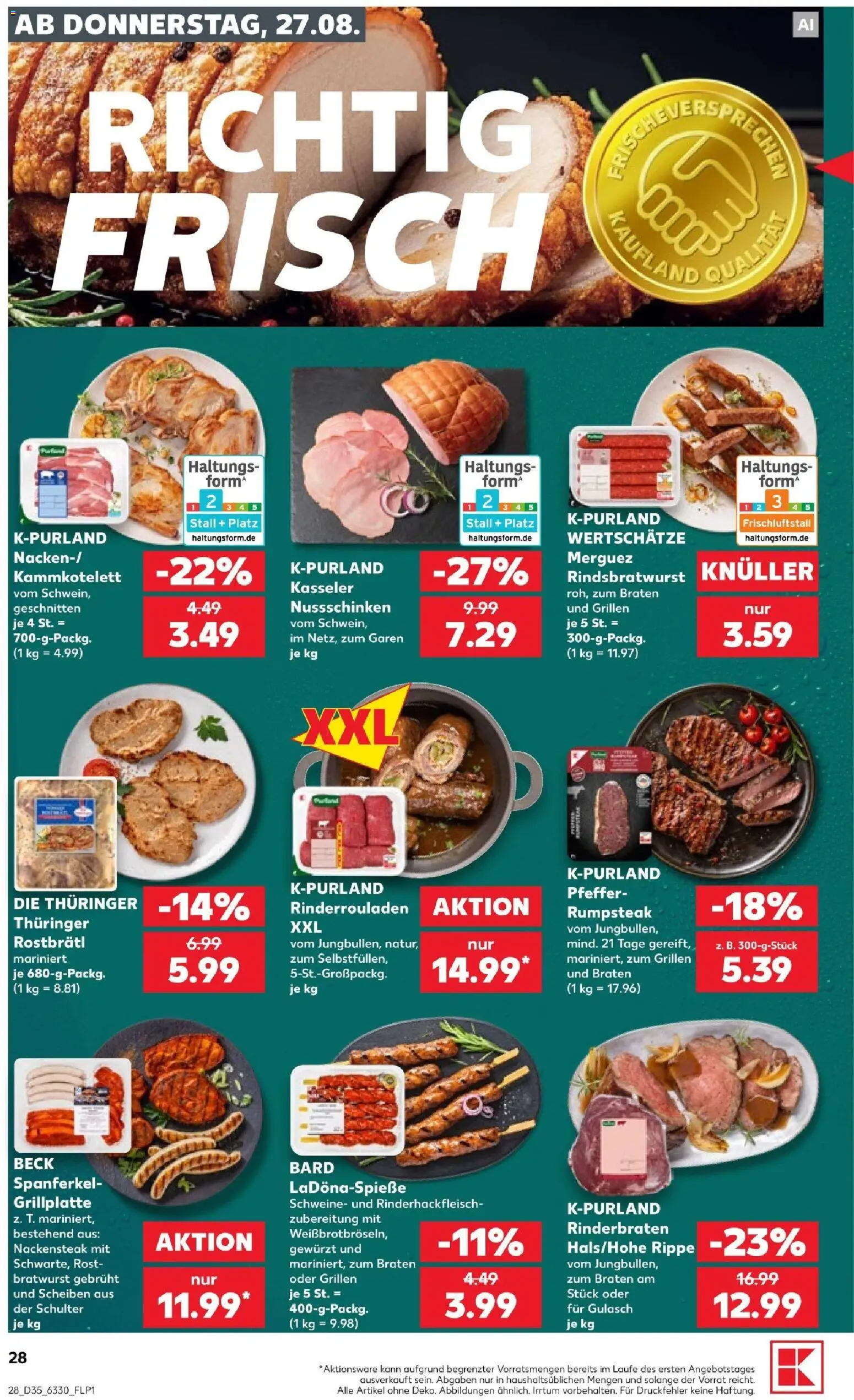 Kaufland Prospekt Kiel – gültig ab 27.08.2026 | Seite: 28 | Produkte: Rinderrouladen, Rinderbraten, Bratwurst, Gulasch