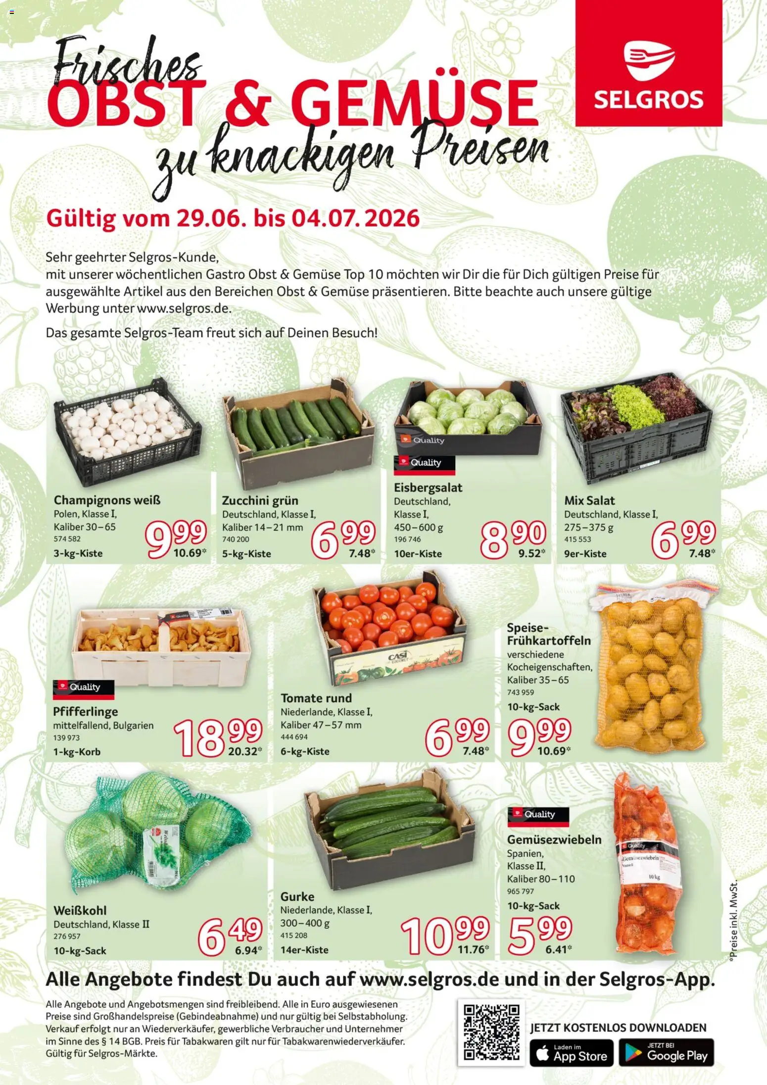 Selgros Obst & Gemüse – gültig ab 29.06.2026 | Seite: 1 | Produkte: Eisbergsalat, Gemüse, Zucchini, Salat