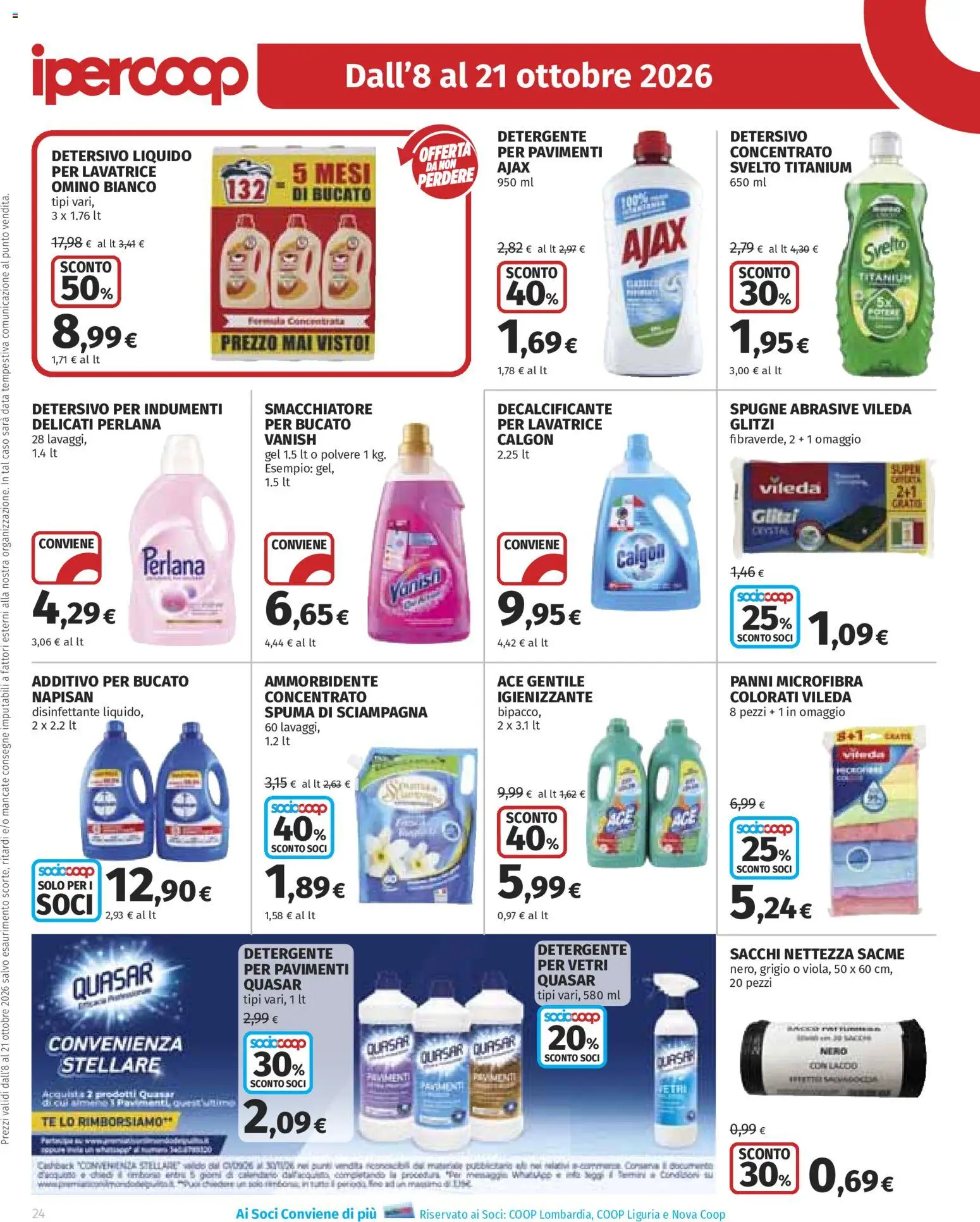 Volantino Ipercoop del 08/10/2026 | Pagina: 24 | Prodotti: Lavatrice, Data, Decalcificante, Spugne