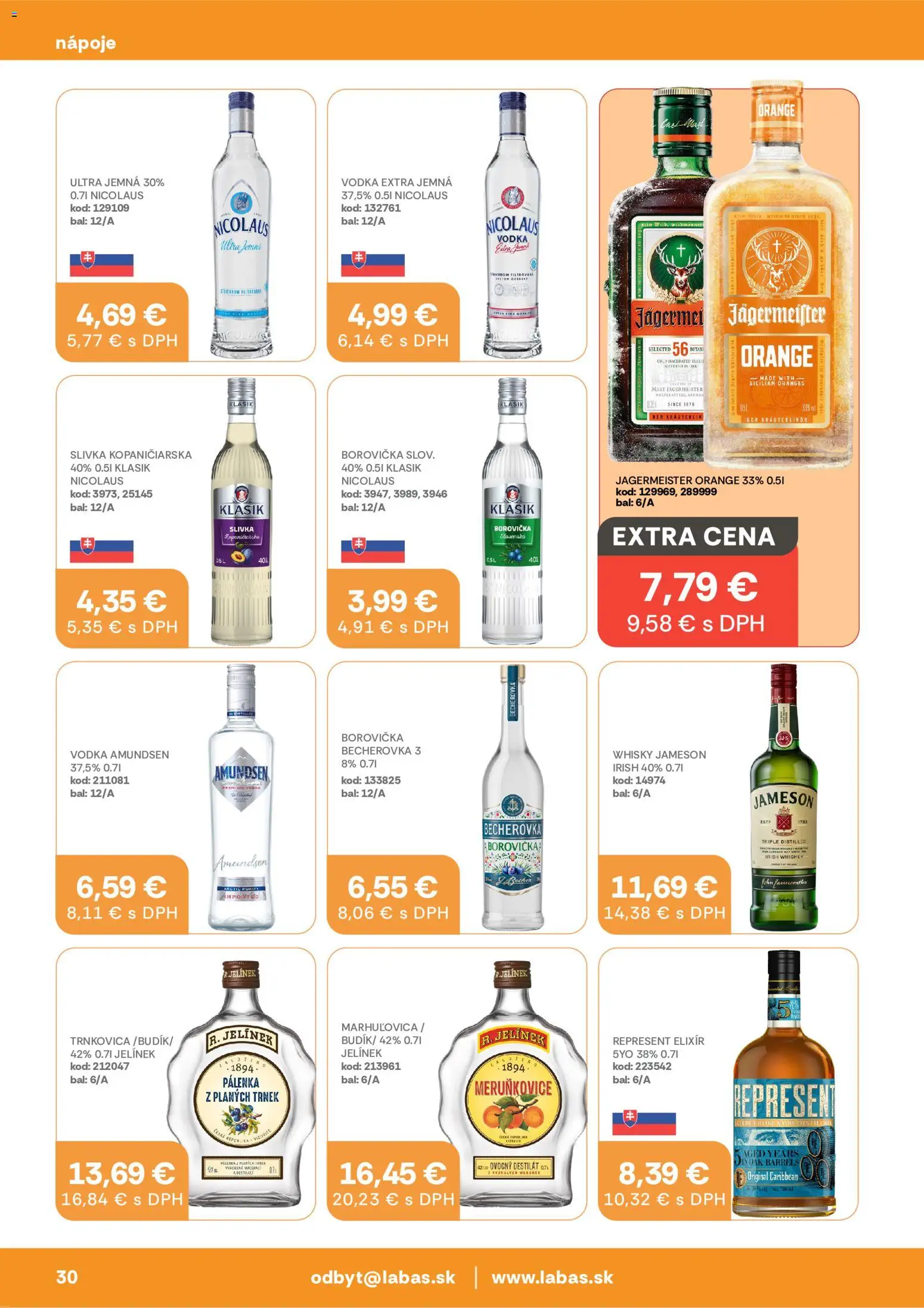 Nové Labaš akcie – leták je platný od 03.07.2026 | Strana: 30 | Produkty: Becherovka, Borovička, Vodka, Destilát
