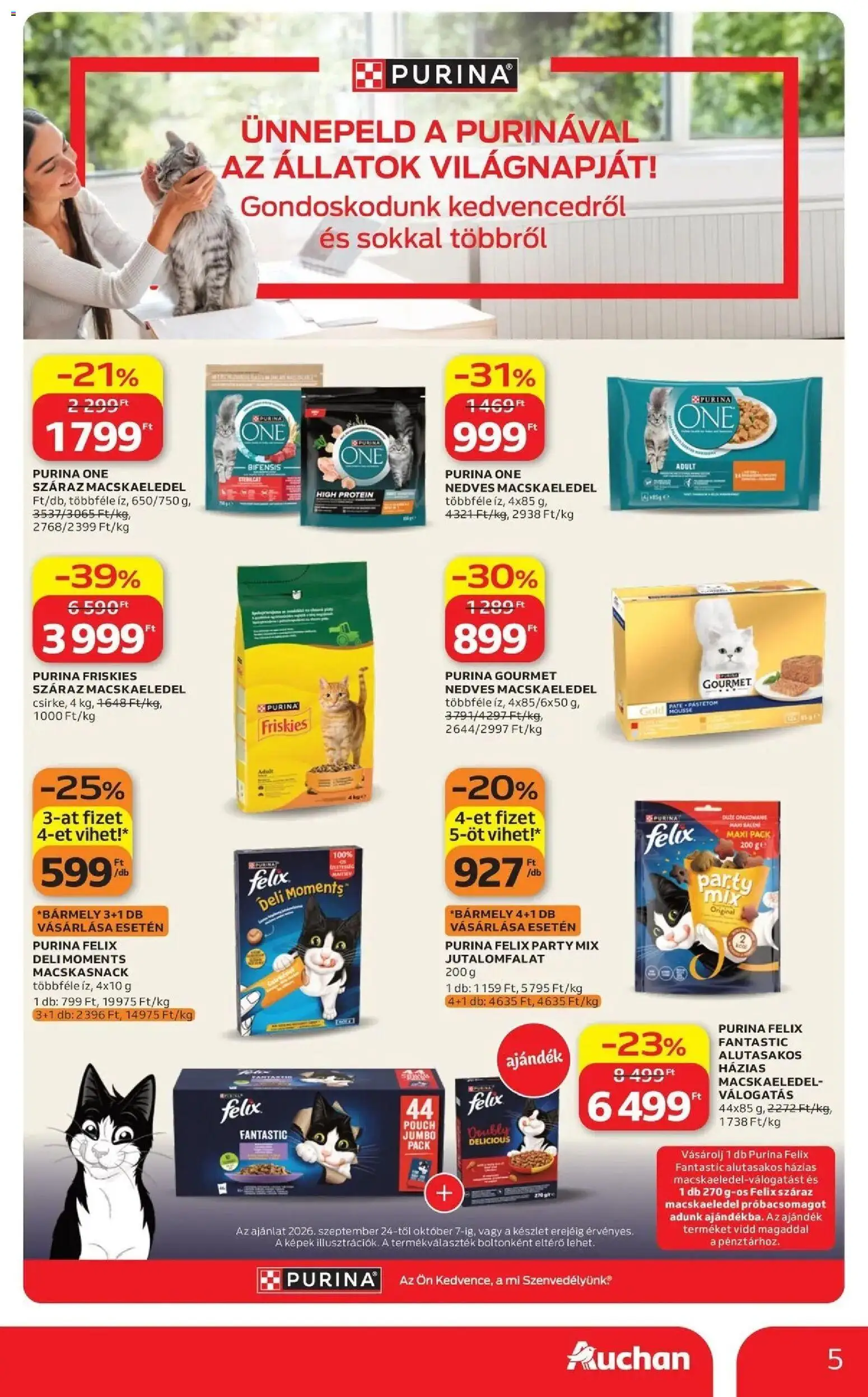 Auchan akciós újság Fót - 2026.10.02. -tól/töl > akció, lapozható szórólap 🛍️ | Oldal: 5 | Termékek: Jutalomfalat, Purina one, Felix, Purina