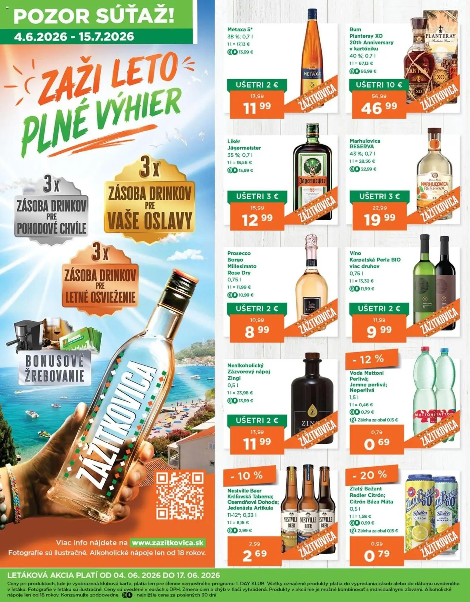Nové 1day akcie – leták je platný od 04.06.2026 | Strana: 4 | Produkty: Metaxa, Zlatý Bažant, Mattoni, Voda