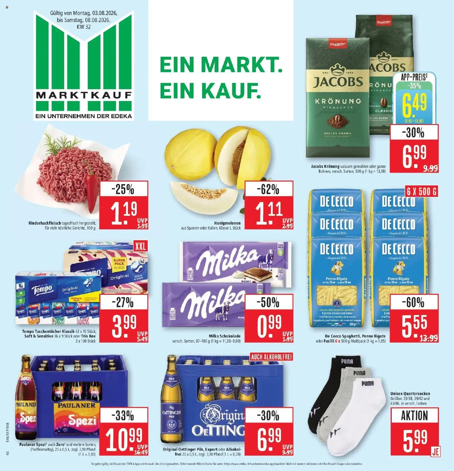 Marktkauf Prospekt Friedrichshafen (ab 03.08.2026) » Angebote online | Seite: 1 | Produkte: Taschentücher, Milka schokolade, Alkohol, Paulaner