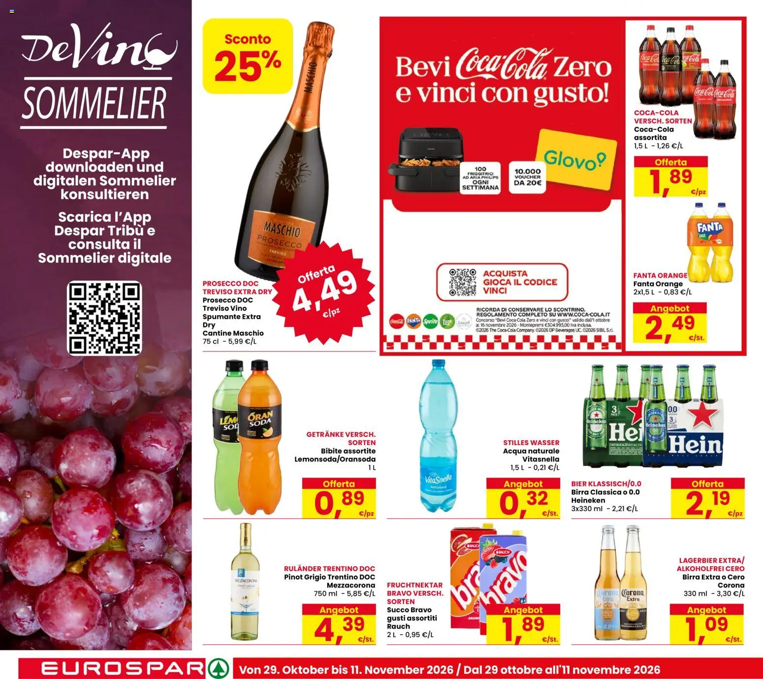 Volantino Eurospar del 29/10/2026 | Pagina: 16 | Prodotti: Prosecco, Vino, The, Coca Cola