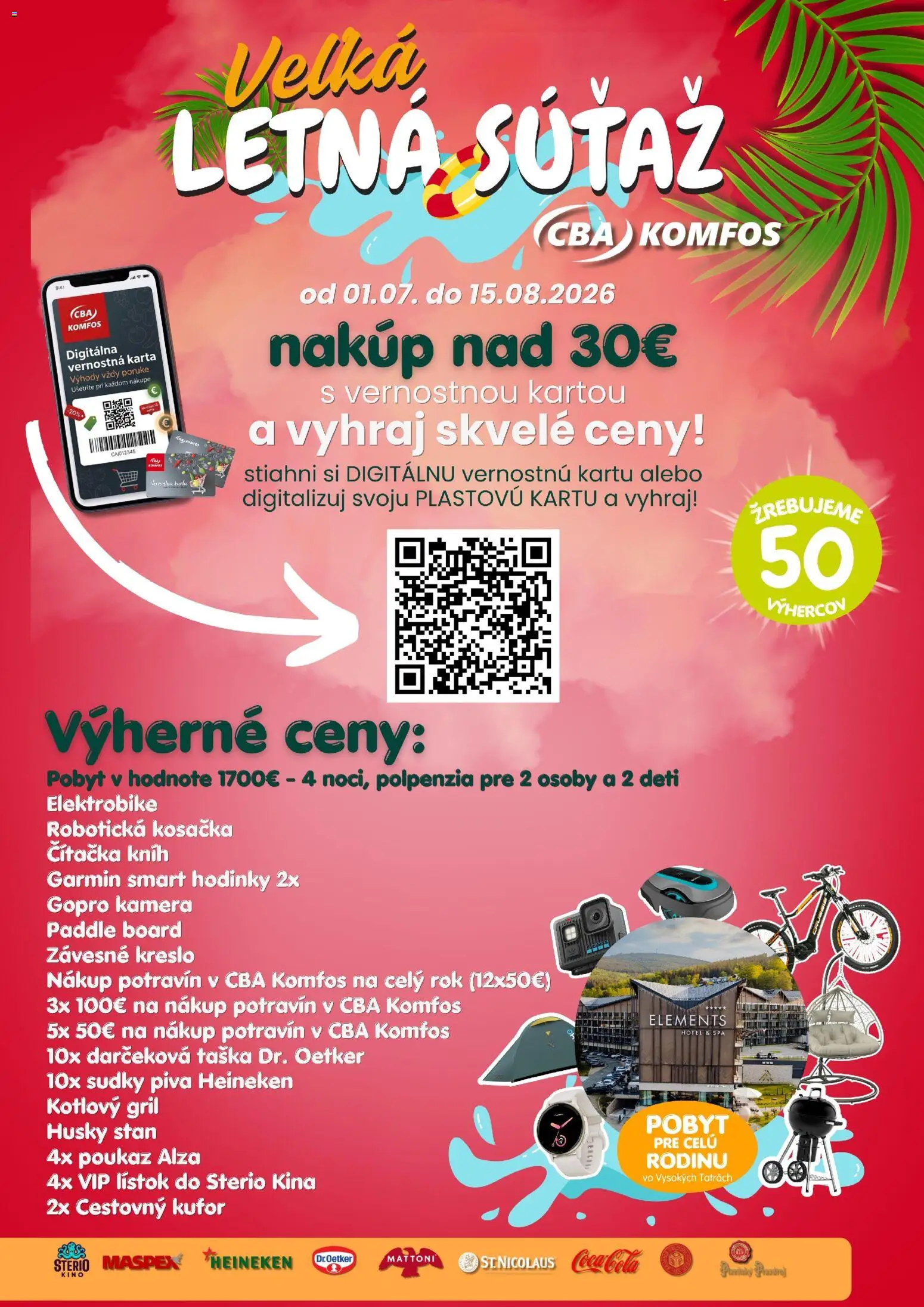 Nové CBA Komfos akcie – leták je platný od 01.07.2026 | Strana: 1 | Produkty: Gril, Robotická kosačka, Garmin, Kosačka