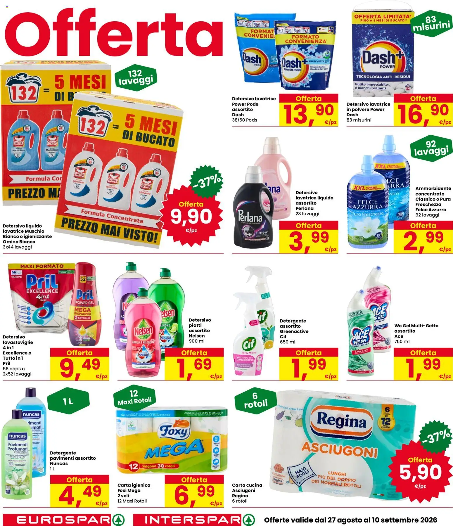 Volantino Interspar del 27/08/2026 | Pagina: 26 | Prodotti: Carta igienica, Ammorbidente, Detergente, Candeggina