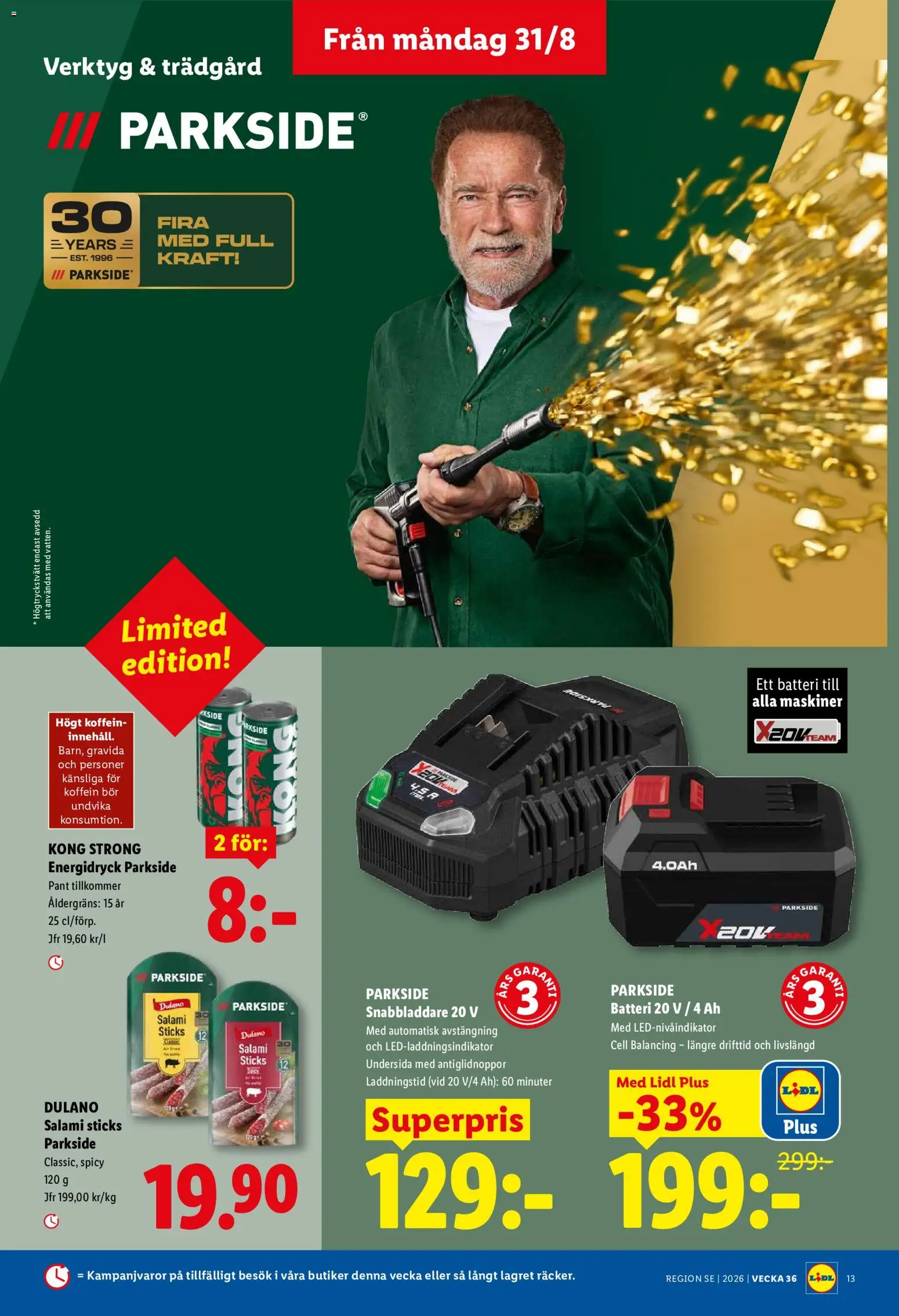 Lidl reklamblad aktuell från 31/08/2026 | Sida: 15 | Produkter: Högtryckstvätt, Batteri, Salami, Energidryck