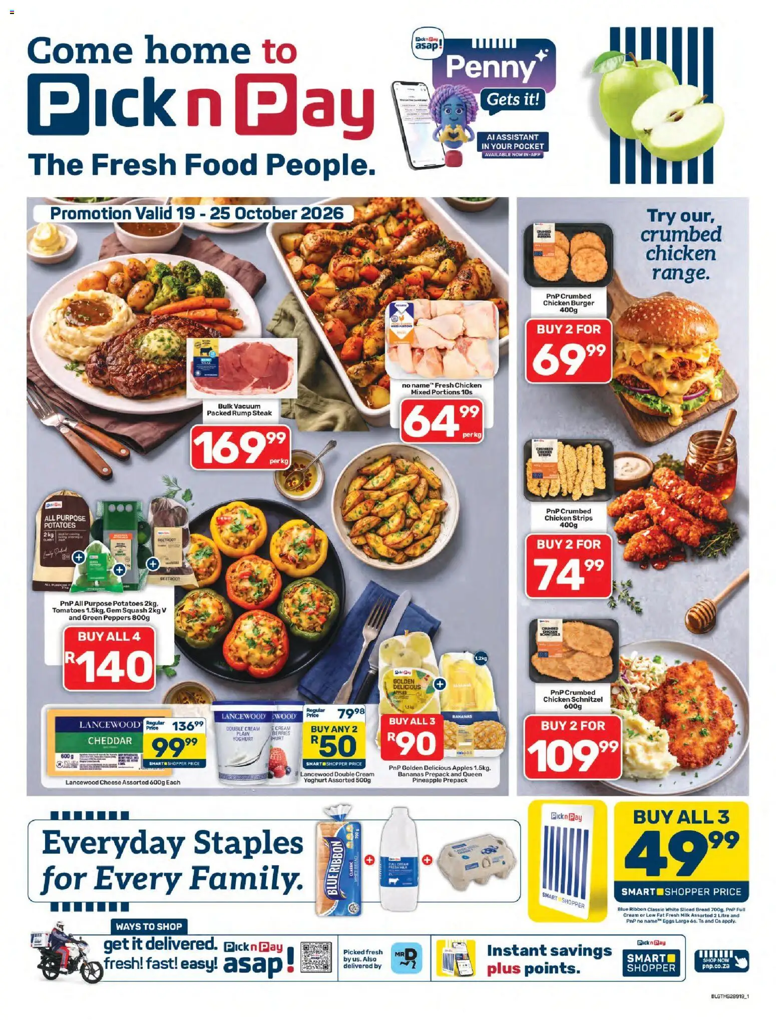 New Pick n Pay catalogue – valid from 19/10/2026 | Page: 1 | Products: Rump steak, Milk, Bread, Cheddar