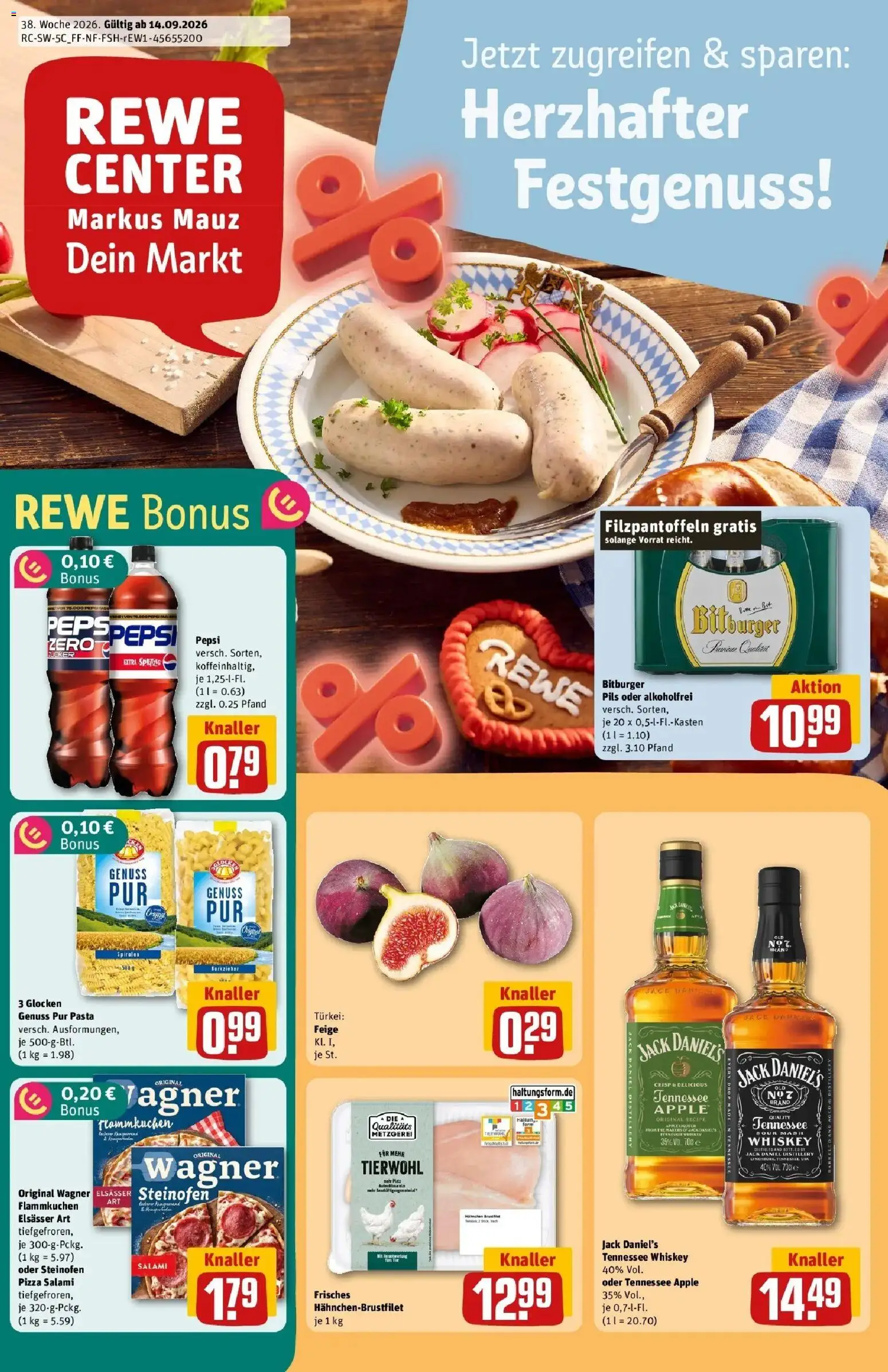 REWE Prospekt ab 14.09.2026 zum Blättern » Angebote | Seite: 1 | Produkte: Bitburger, Pils, Jack Daniel's, Salami