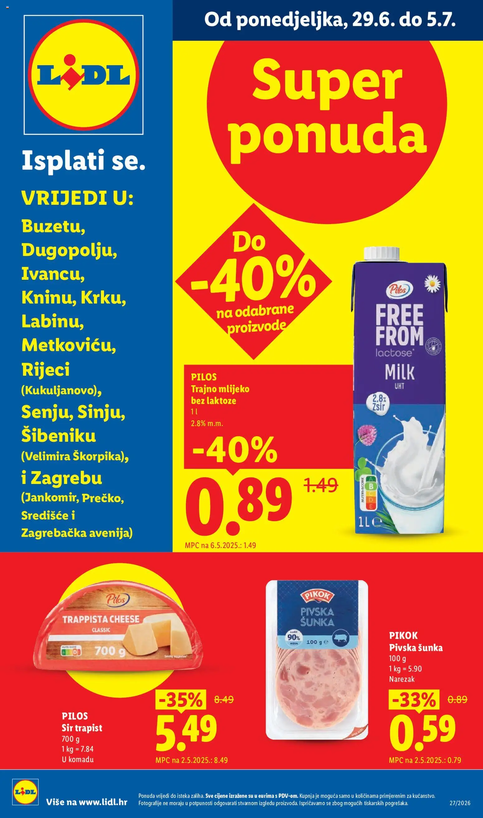 Lidl katalog | vrijedi od 29.06.2026 | Stranica: 1 | Proizvodi: Mlijeko, Trapist, Šunka, Mlijeko bez laktoze
