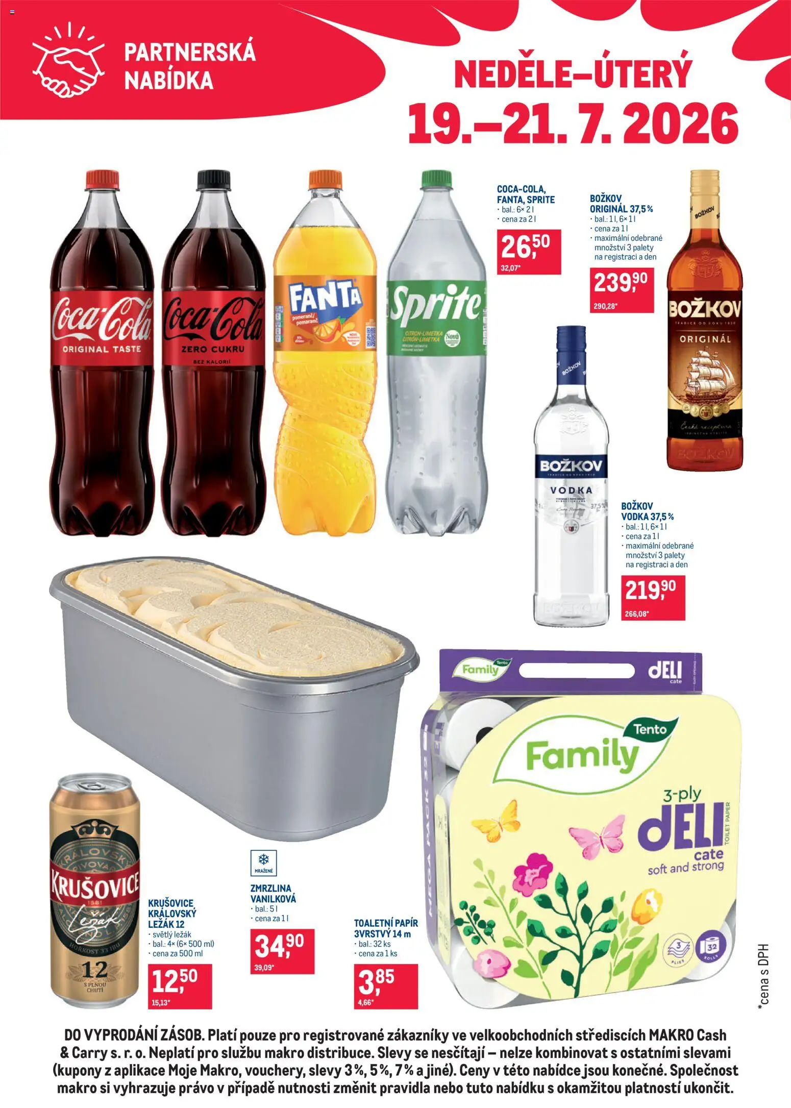 Makro leták - Partnerská nabídka od 19.07.2026 | Strana: 1 | Produkty: Zmrzlina, Toaletní papír, Sprite, Božkov