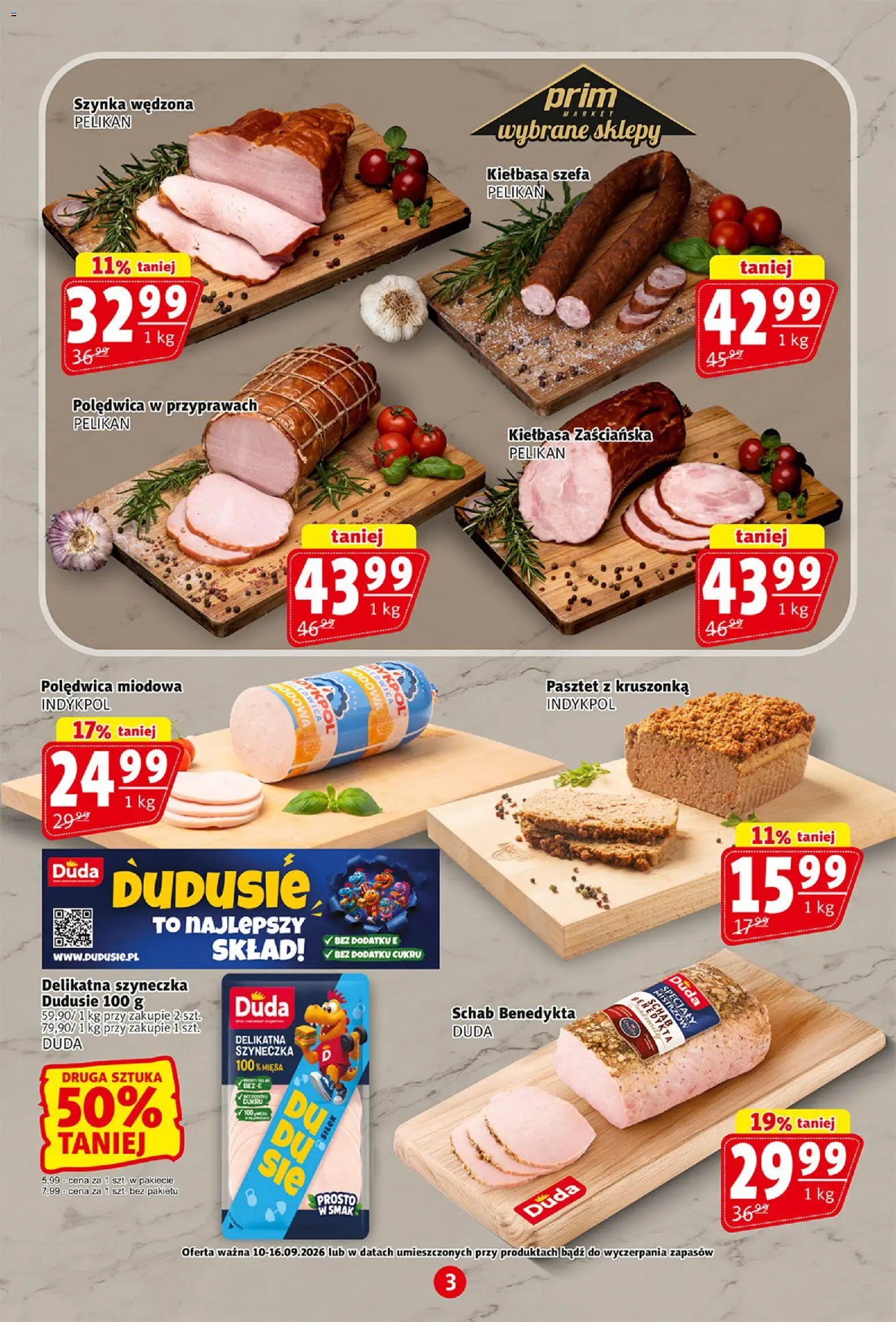 Prim Market gazetka od 10.09.2026 | Strona: 3 | Produkty: Kiełbasa, Schab, Pasztet, Szynka