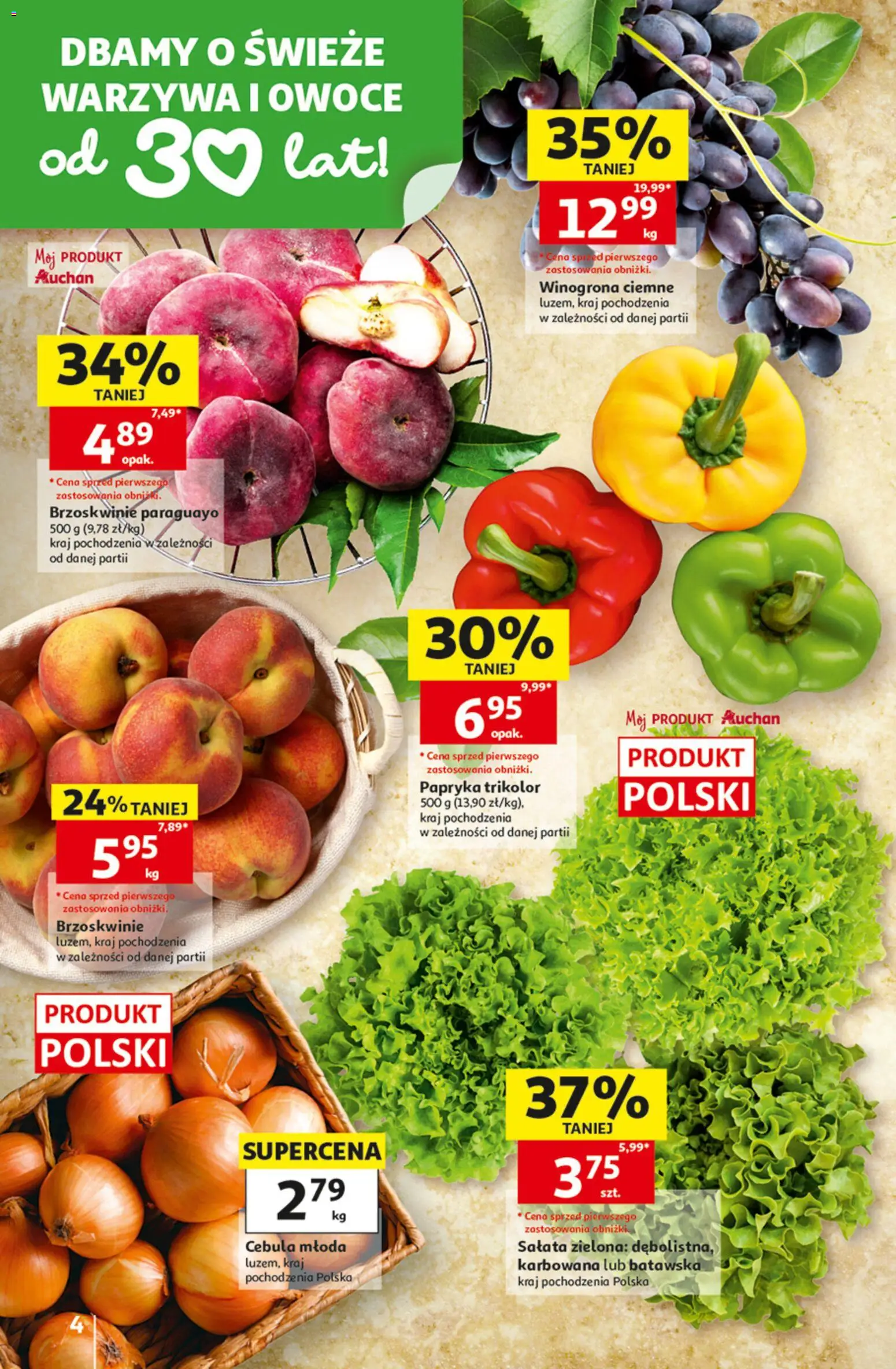Auchan gazetka - 30 Lat Hipermarket od 09.07.2026 | Strona: 4 | Produkty: Winogrona, Papryka, Brzoskwinie, Owoce
