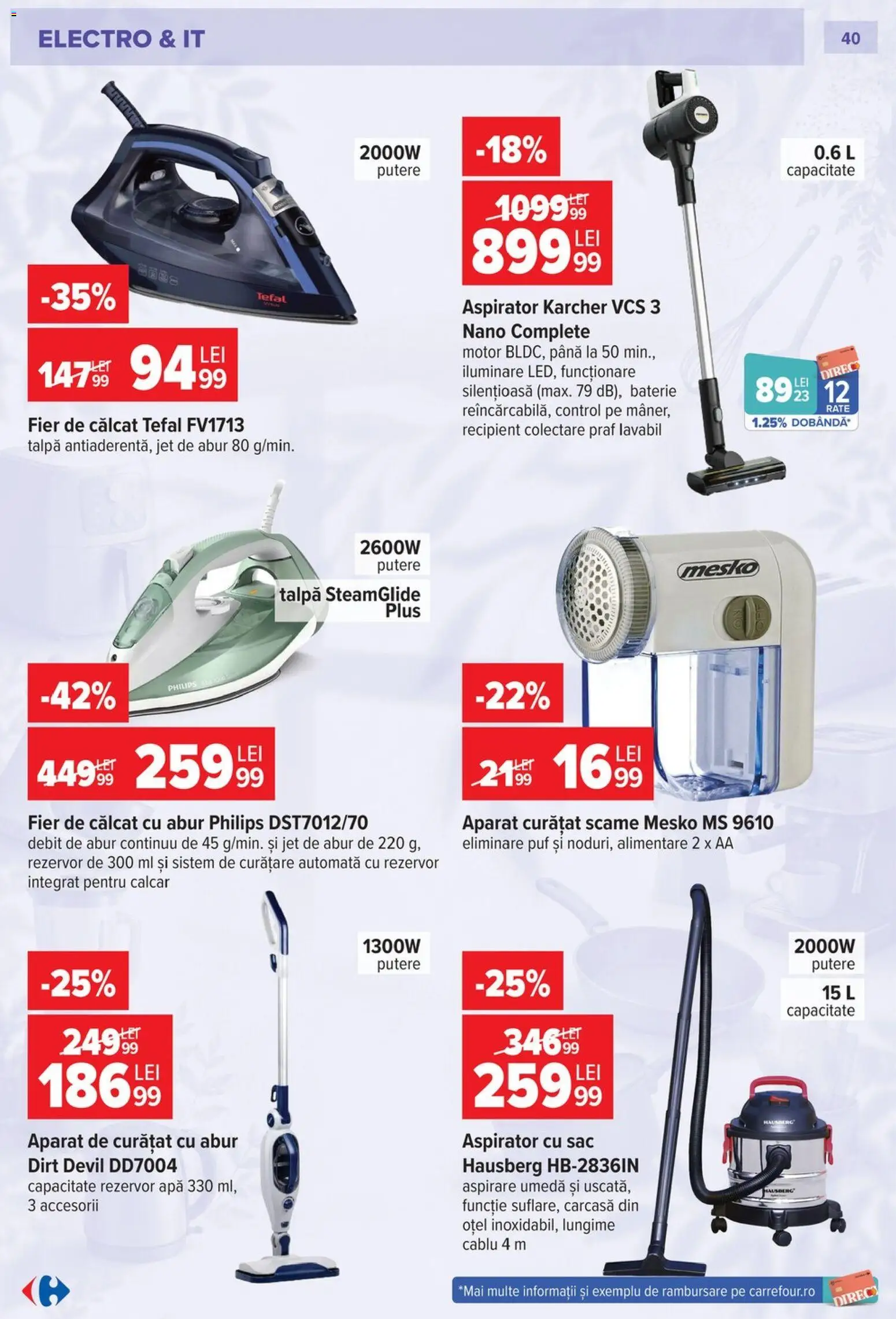Noul catalog Carrefour – valabil de la 23.09.2026 | Pagină: 40 | Produse: Fier de călcat, Aspirator, Sac, Plus