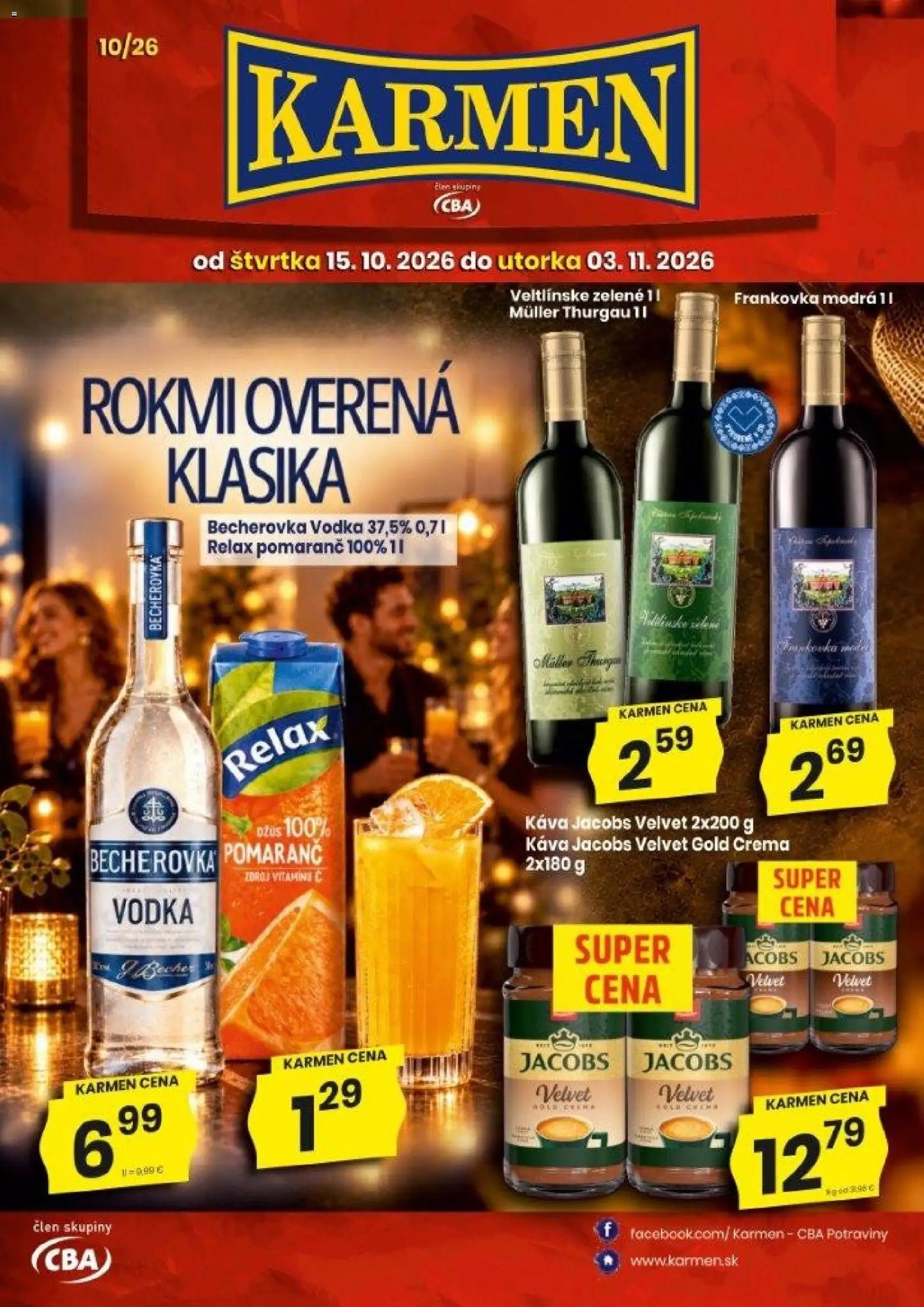 Nové KARMEN CBA akcie – leták je platný od 15.10.2026 | Strana: 1 | Produkty: Jacobs Velvet, Becherovka, Káva, Vodka