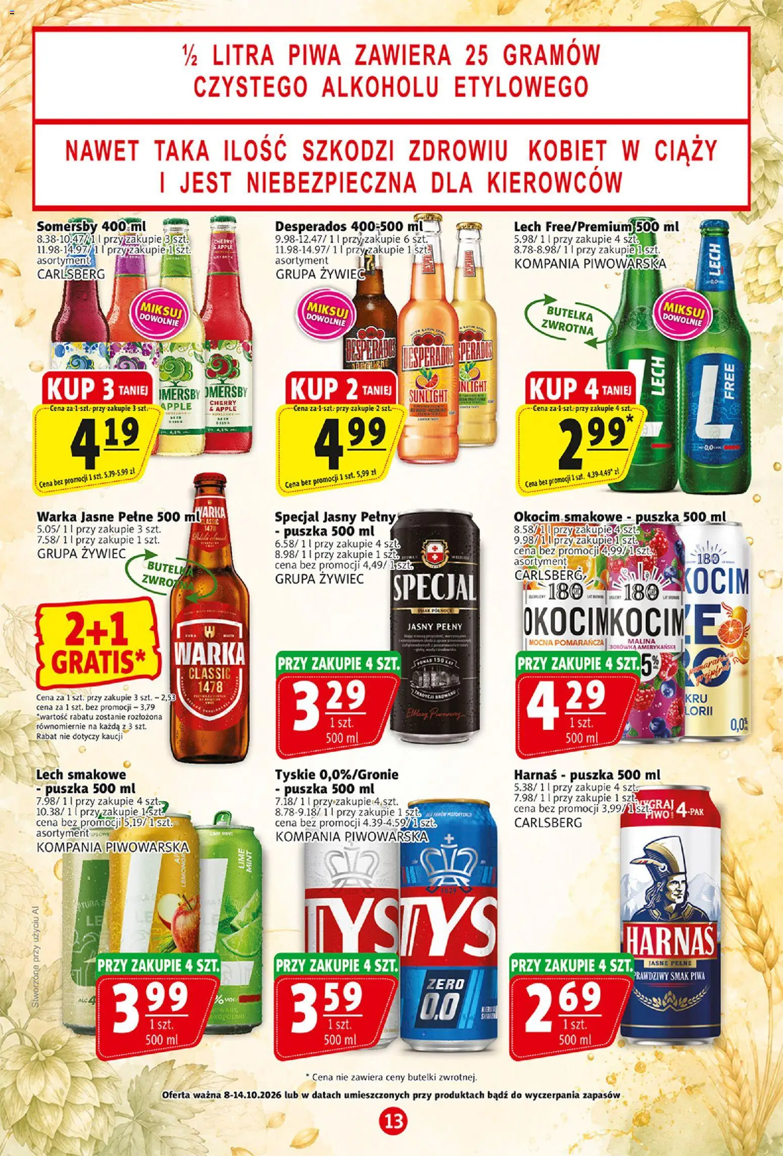 Prim Market gazetka od 08.10.2026 | Strona: 13 | Produkty: Lech, Tyskie, Somersby, Desperados