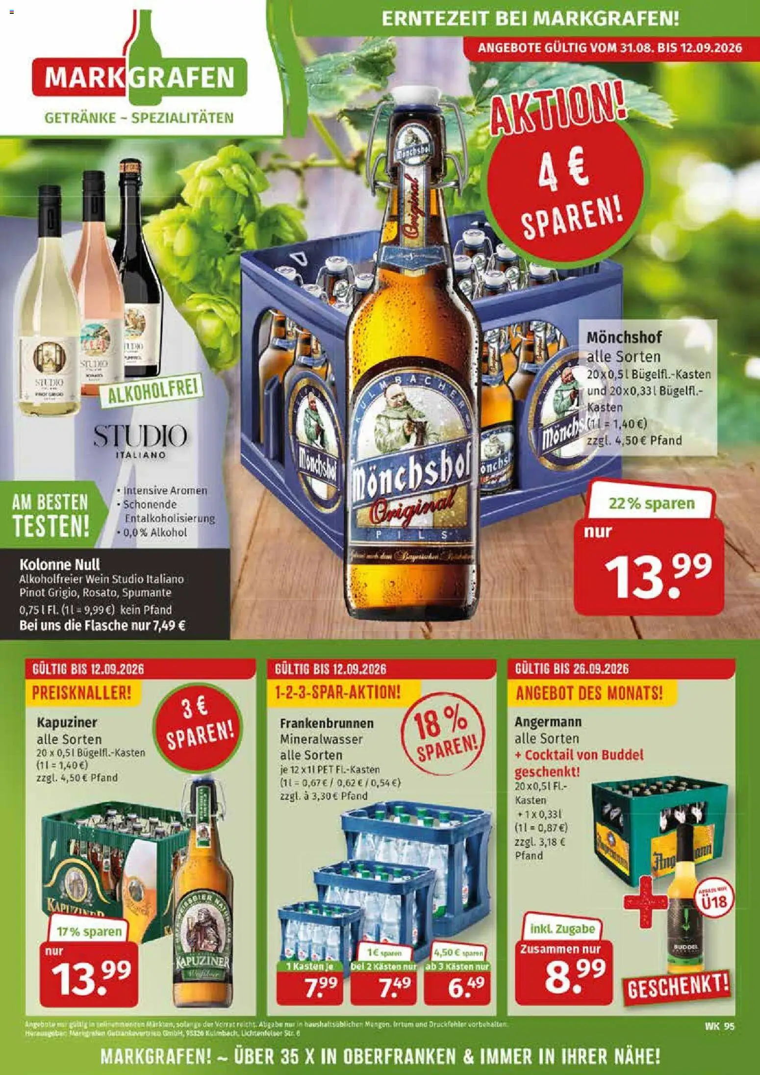 Markgrafen Prospekt – gültig ab 31.08.2026 | Seite: 1 | Produkte: Monchshof, Spezialitäten, Pils, Mineralwasser
