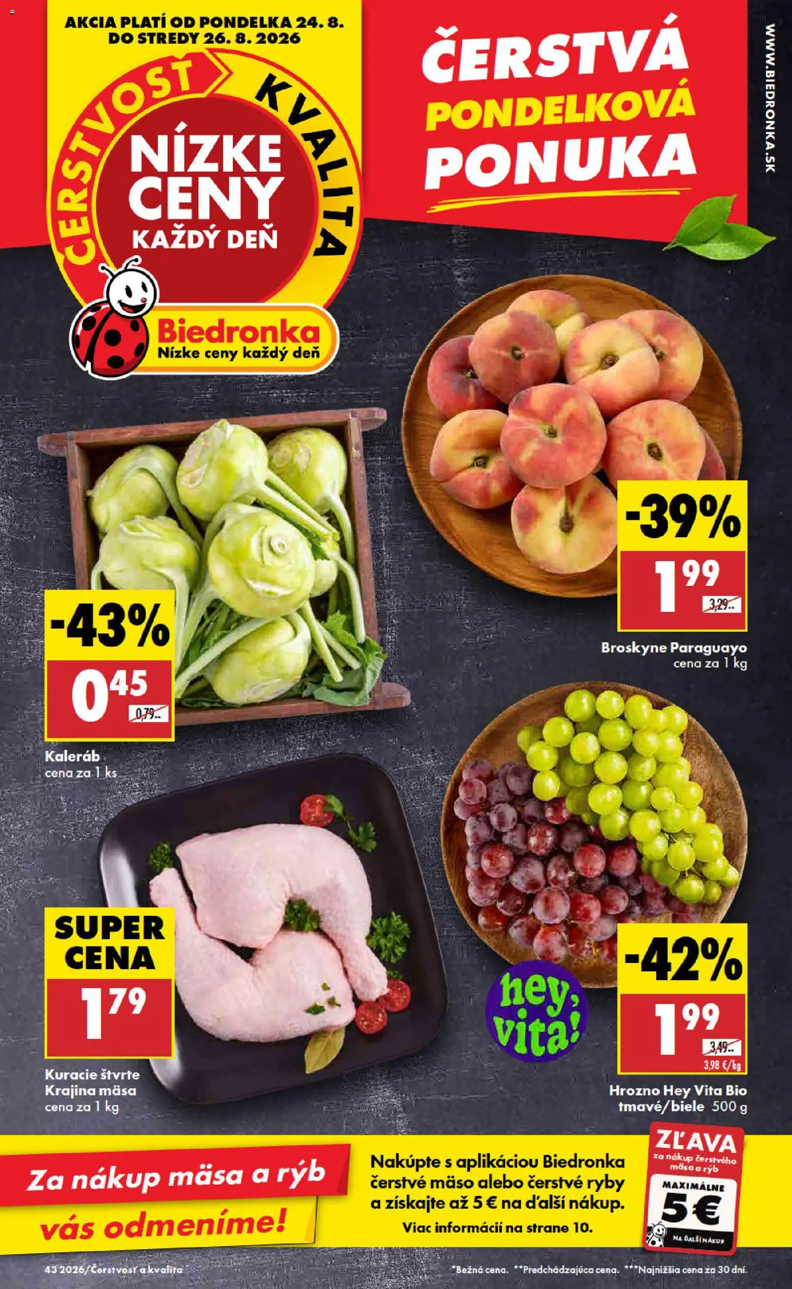 Nové Biedronka akcie – leták je platný od 24.08.2026 | Strana: 1 | Produkty: Mäso, Kuracie štvrte, Kaleráb, Broskyne
