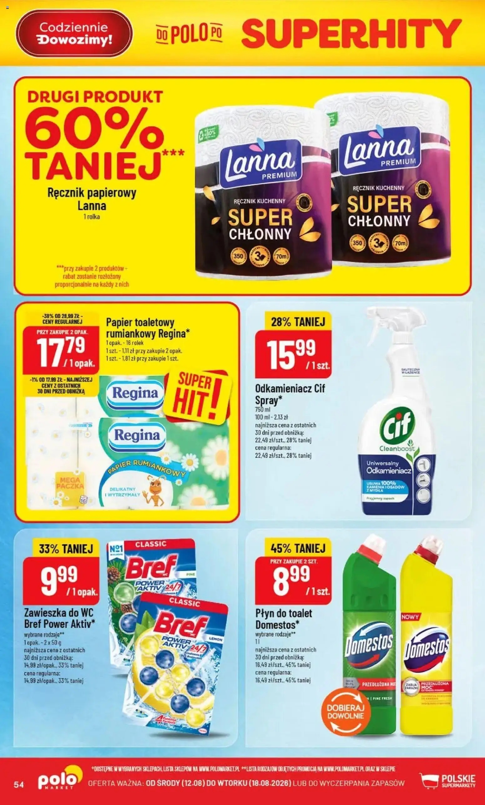 Nowa POLOmarket gazetka od jutra 12.08.2026 | Strona: 54 | Produkty: Domestos, Ręcznik kuchenny, Papier rumiankowy, Ręcznik papierowy