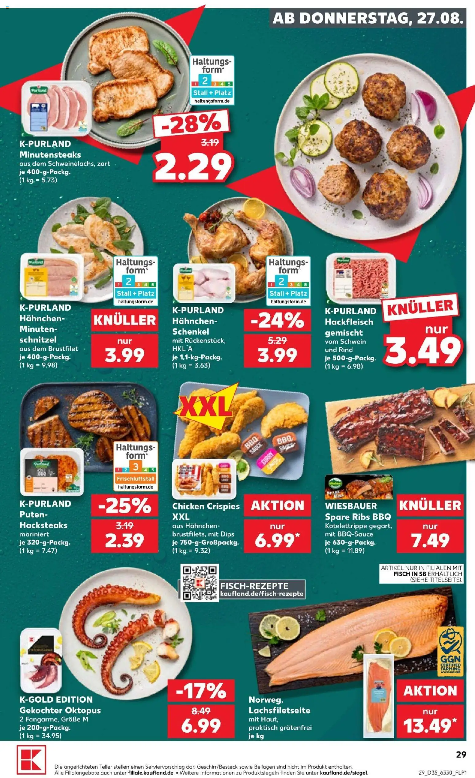 Kaufland Prospekt Kiel – gültig ab 27.08.2026 | Seite: 29 | Produkte: Hahnchen, Spare ribs, Fisch, Hackfleisch