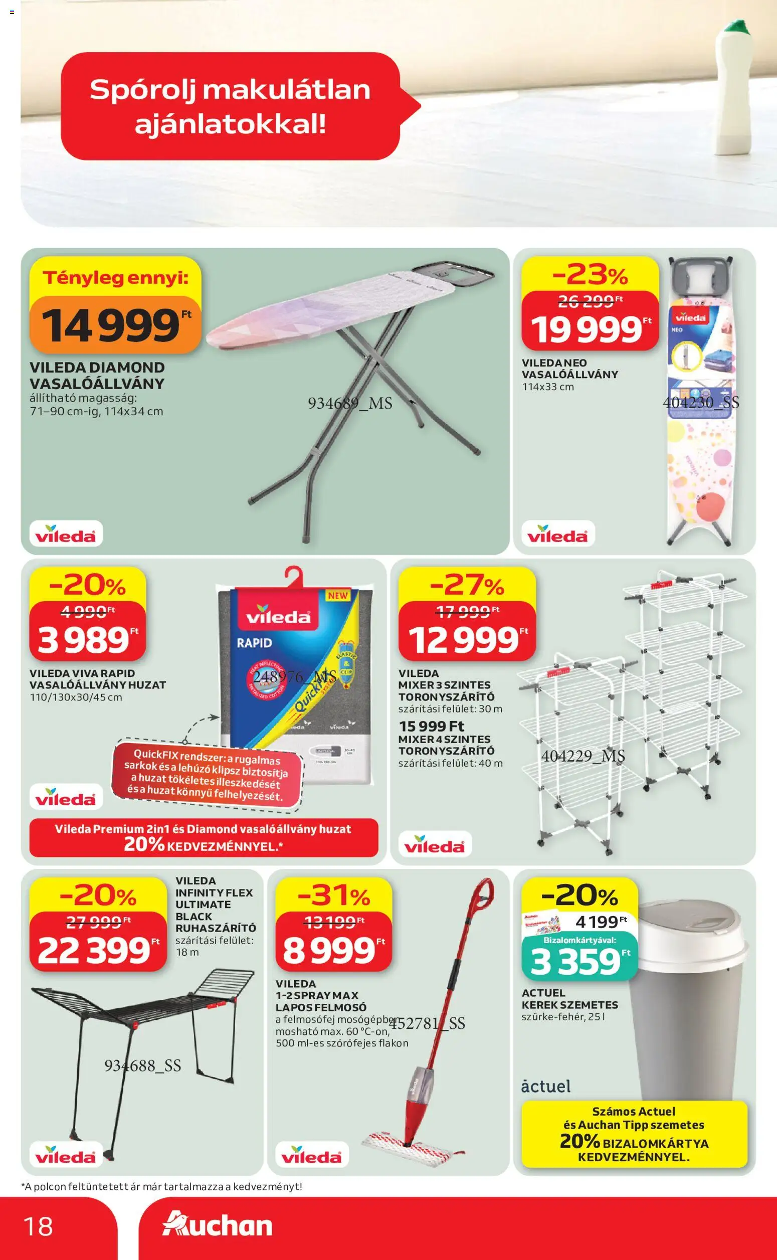 Auchan akciós ujság - amely érvényes a következő dátumtól: 04.05.2026 | Oldal: 18 | Termékek: Szemetes, Vasalóállvány, Felmosófej, Vileda