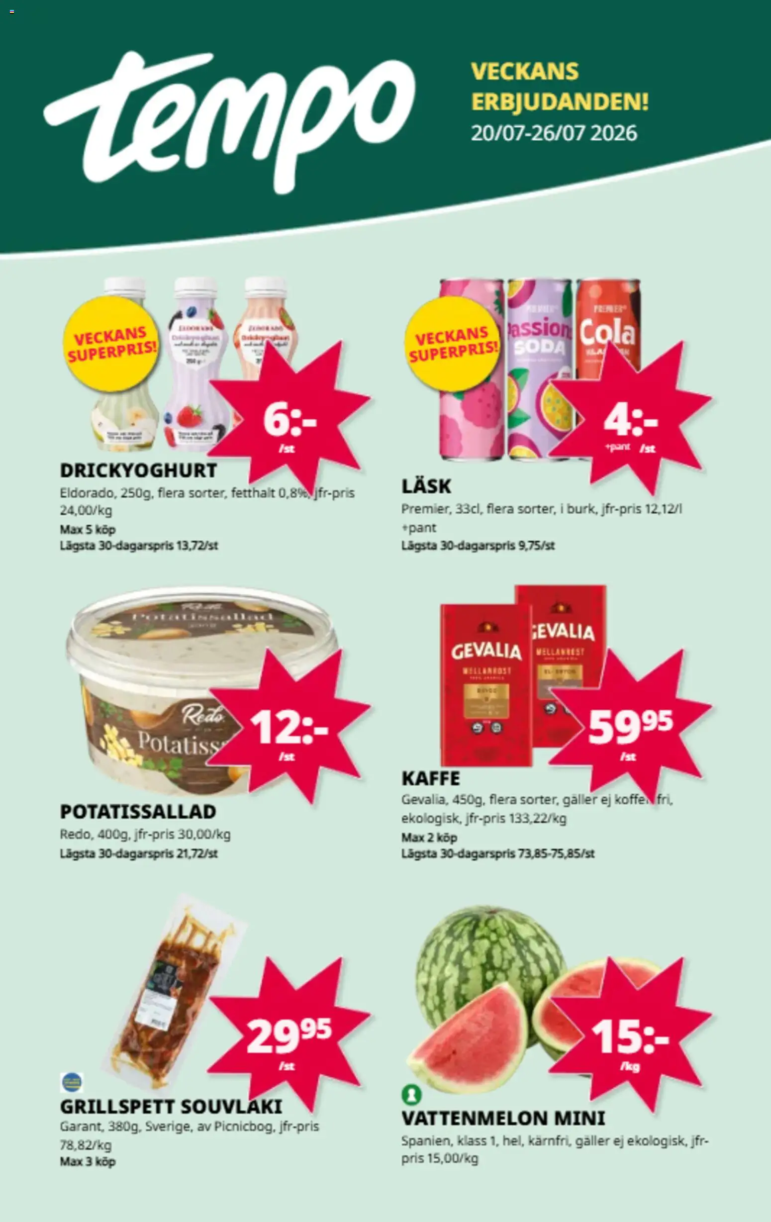 Tempo reklamblad aktuell från 20/07/2026 | Sida: 1 | Produkter: Potatissallad, Grillspett, Galler, Kaffe