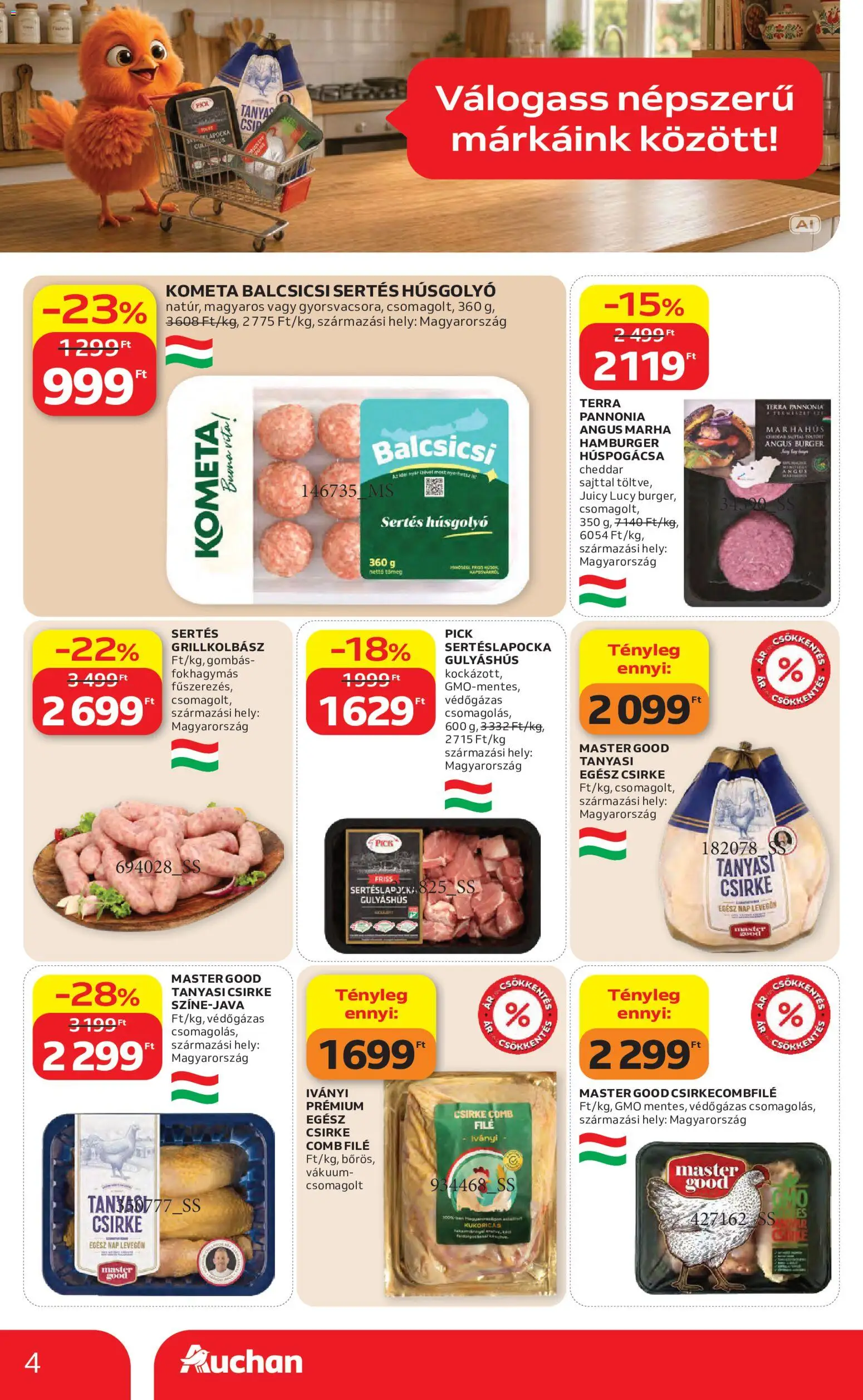 Auchan akciós ujság - amely érvényes a következő dátumtól: 2026.09.10. | Oldal: 4 | Termékek: Grillkolbász, Gulyáshús, Marhahús, Cheddar
