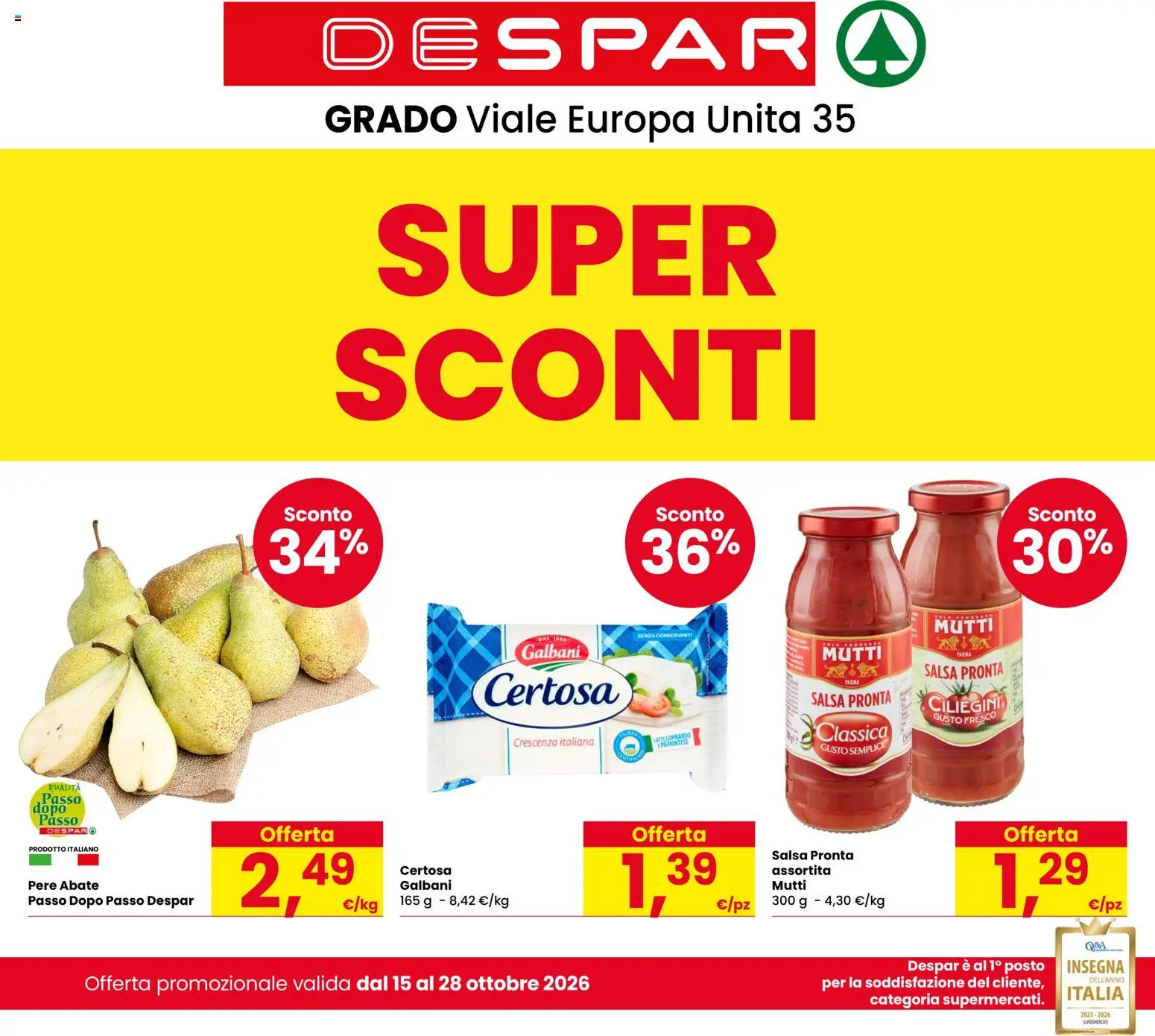 Volantino Despar del 15/10/2026 | Pagina: 1 | Prodotti: Pere, Latte, Mutti, Crescenza