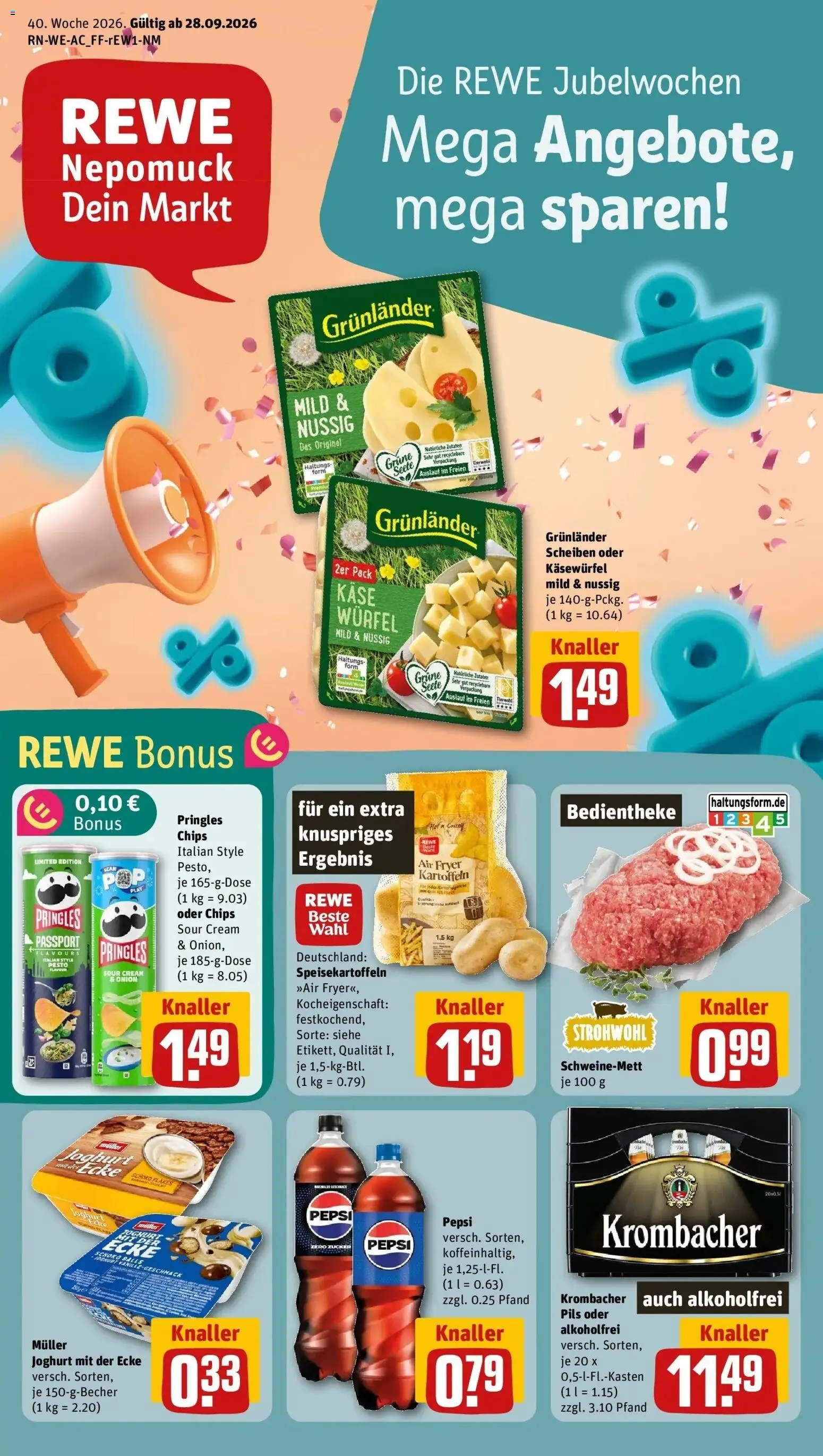 REWE Prospekt ab 28.09.2026 zum Blättern » Angebote | Seite: 1 | Produkte: Käse, Pils, Kartoffeln, Pringles