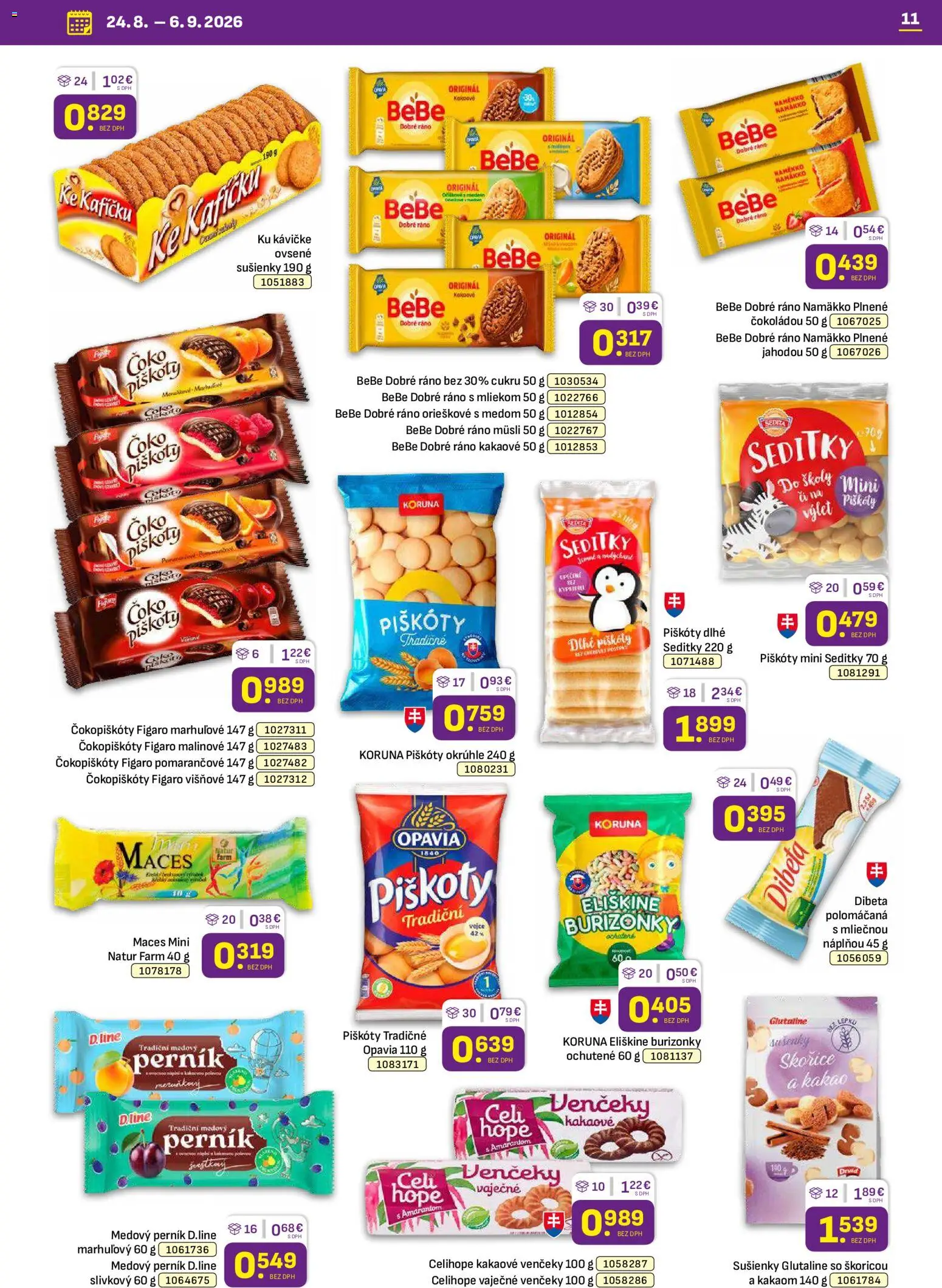 Nové Libex akcie – leták je platný od 24.08.2026 | Strana: 11 | Produkty: BeBe Dobré ráno, Venčeky, Müsli, Kakao