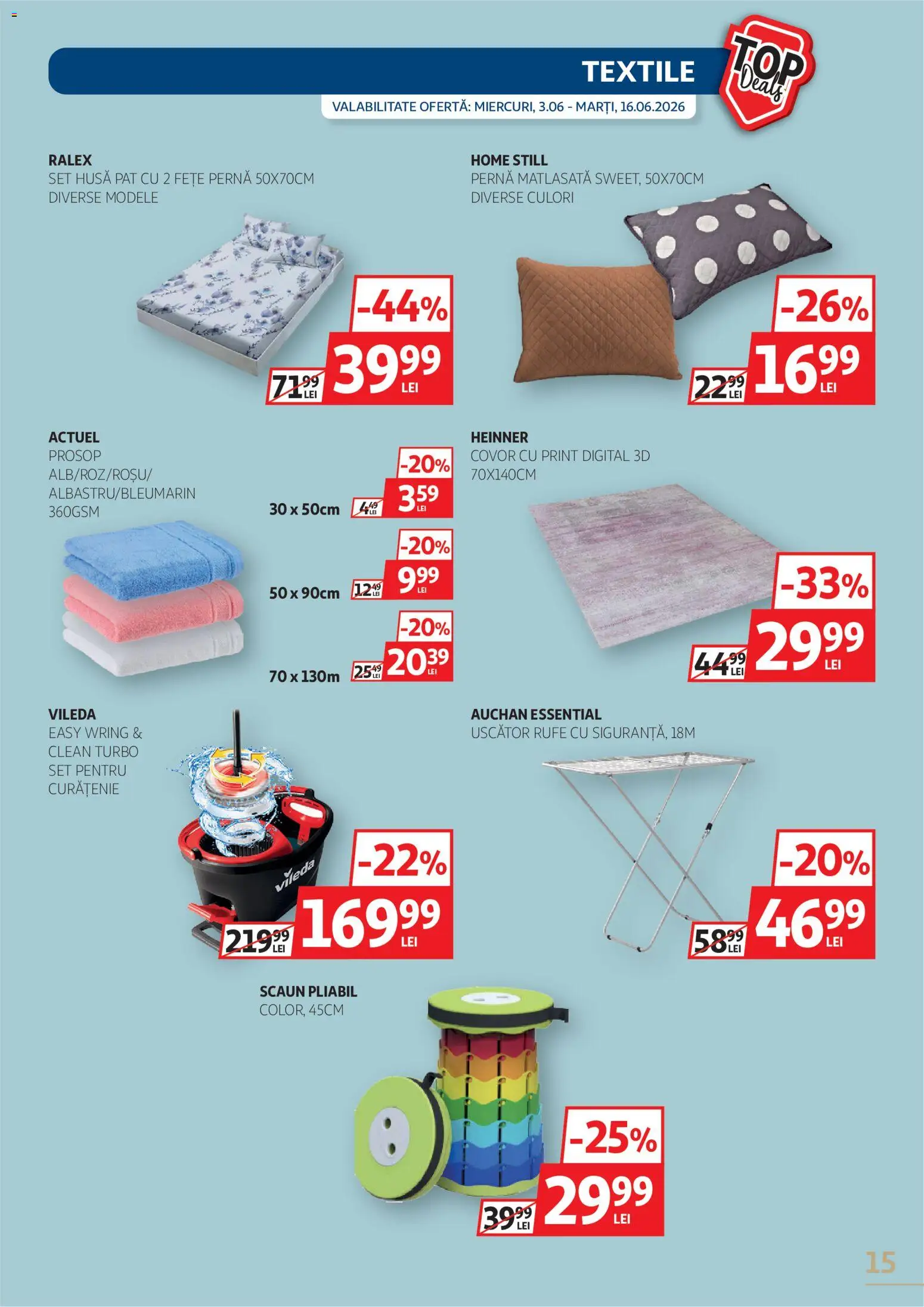 Noul catalog Auchan – valabil de la 03.06.2026 | Pagină: 15 | Produse: Uscător, Pat, Uscător rufe, Covor
