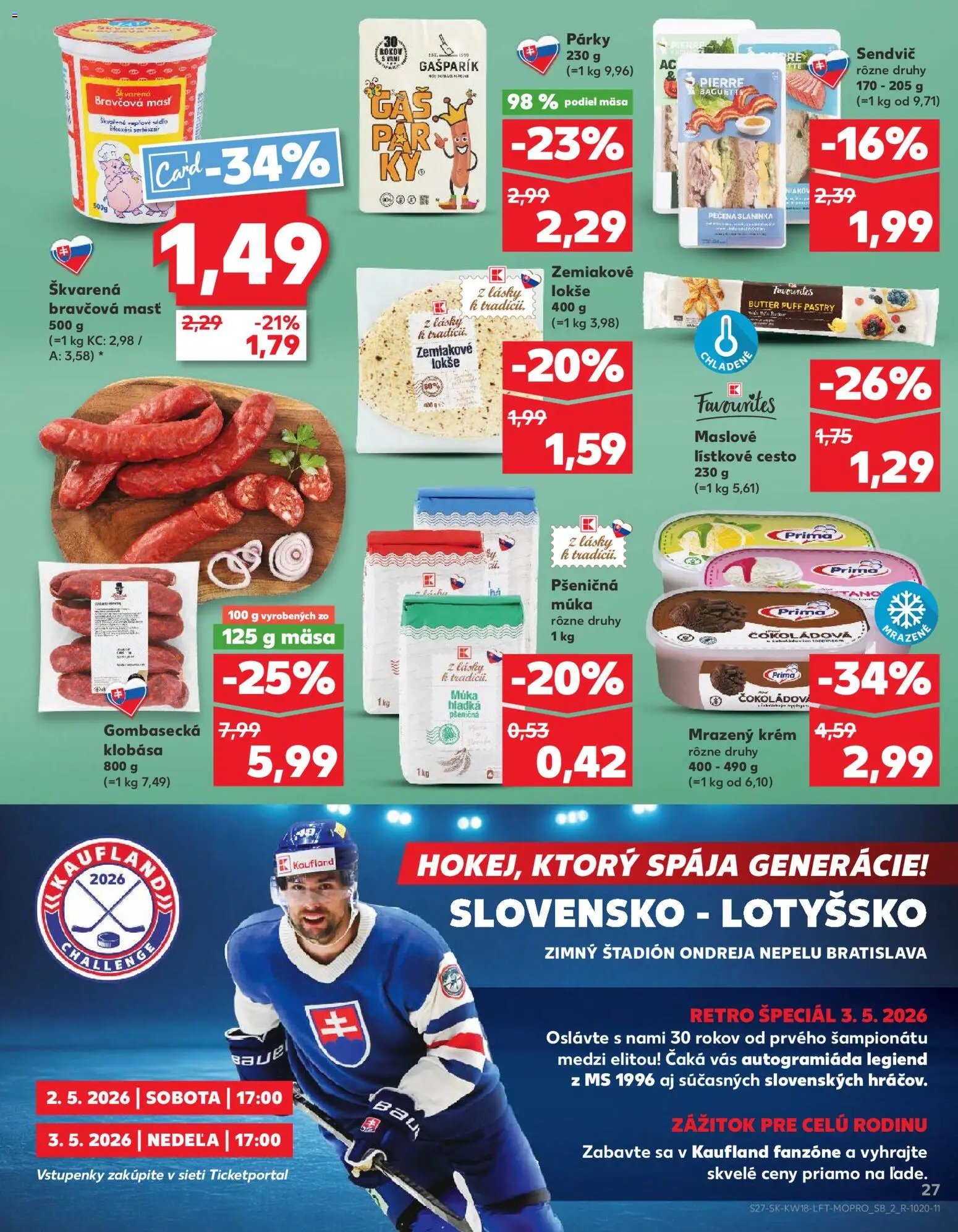 Nové Kaufland akcie – leták je platný od 30.04.2026 | Strana: 27 | Produkty: Klobása, Pšeničná múka, Lístkové cesto, Sendvič