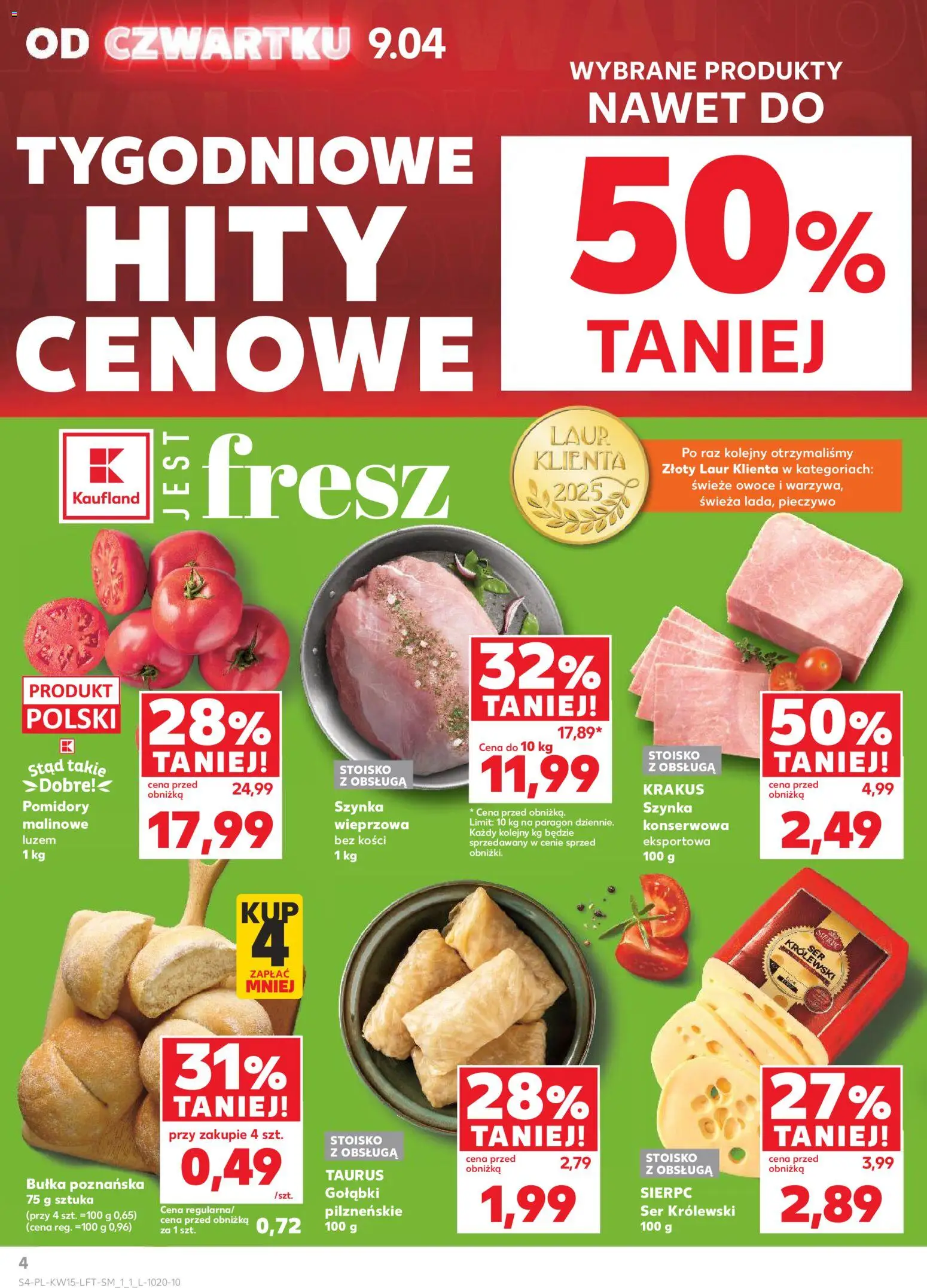 Kaufland gazetka od 09.04.2026 | Strona: 4 | Produkty: Szynka, Ser, Pomidory, Owoce