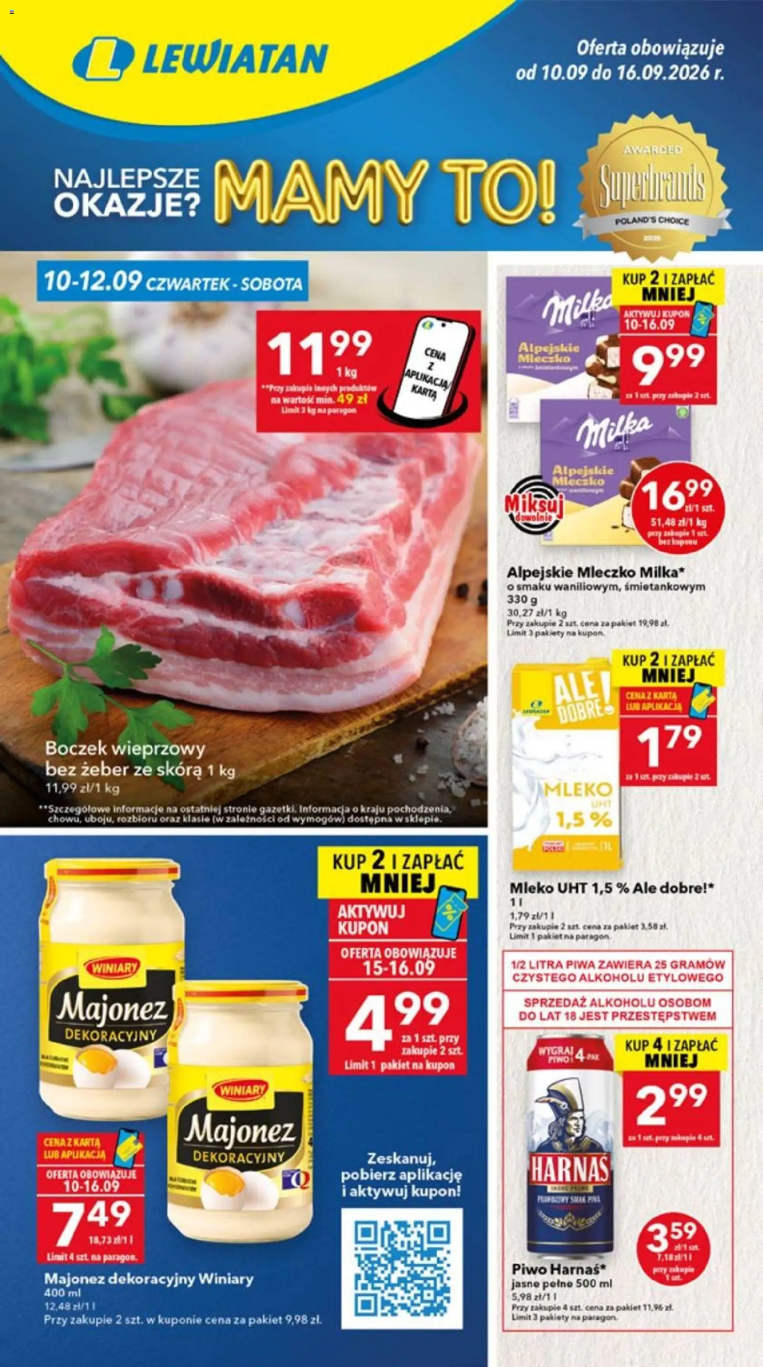 Lewiatan gazetka - Lublin od 10.09.2026 | Strona: 1 | Produkty: Karta, Boczek wieprzowy, Milka, Mleko