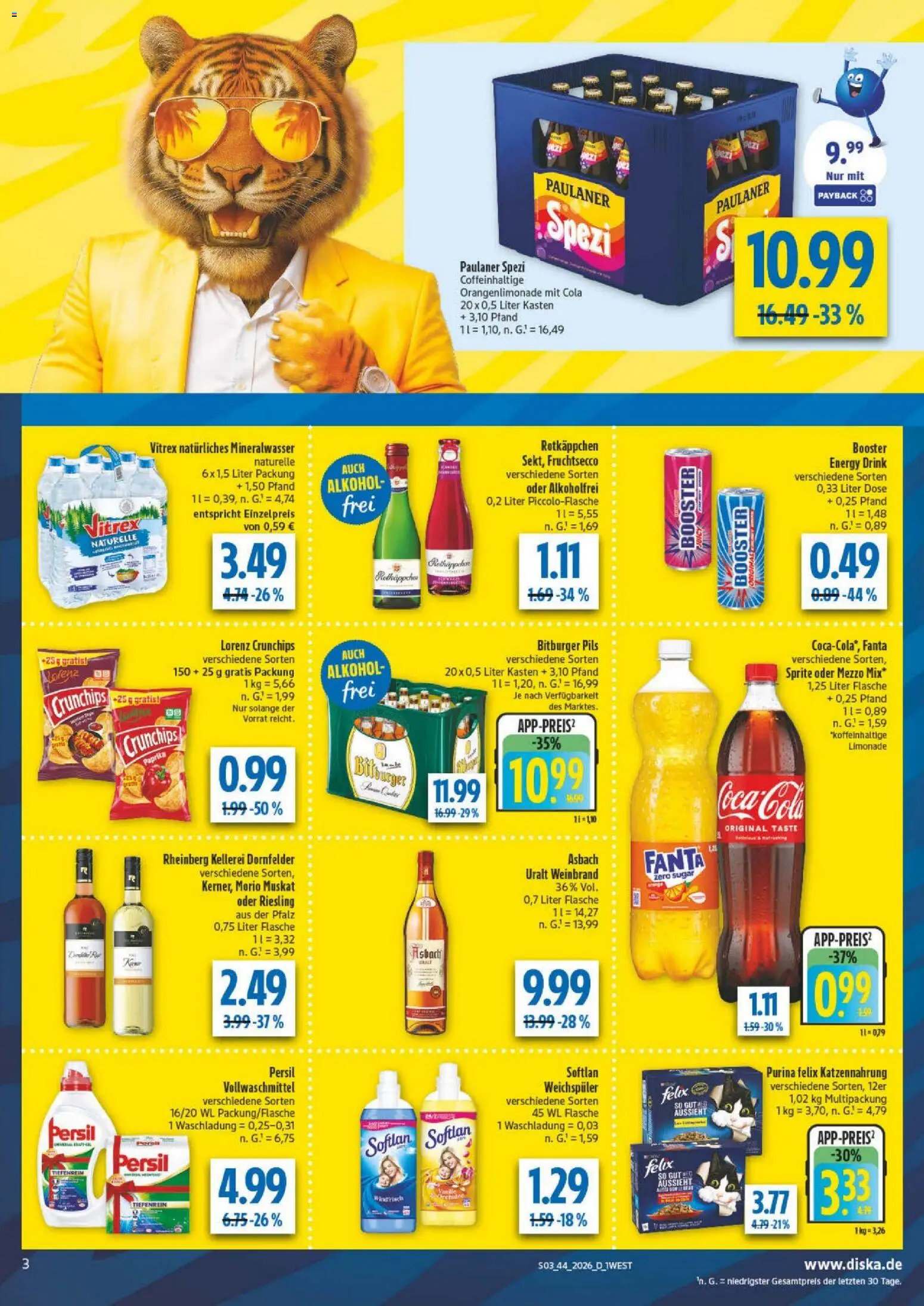 Diska Bayern – gültig ab 26.10.2026 | Seite: 3 | Produkte: Bitburger, Mineralwasser, Paprika, Alkohol