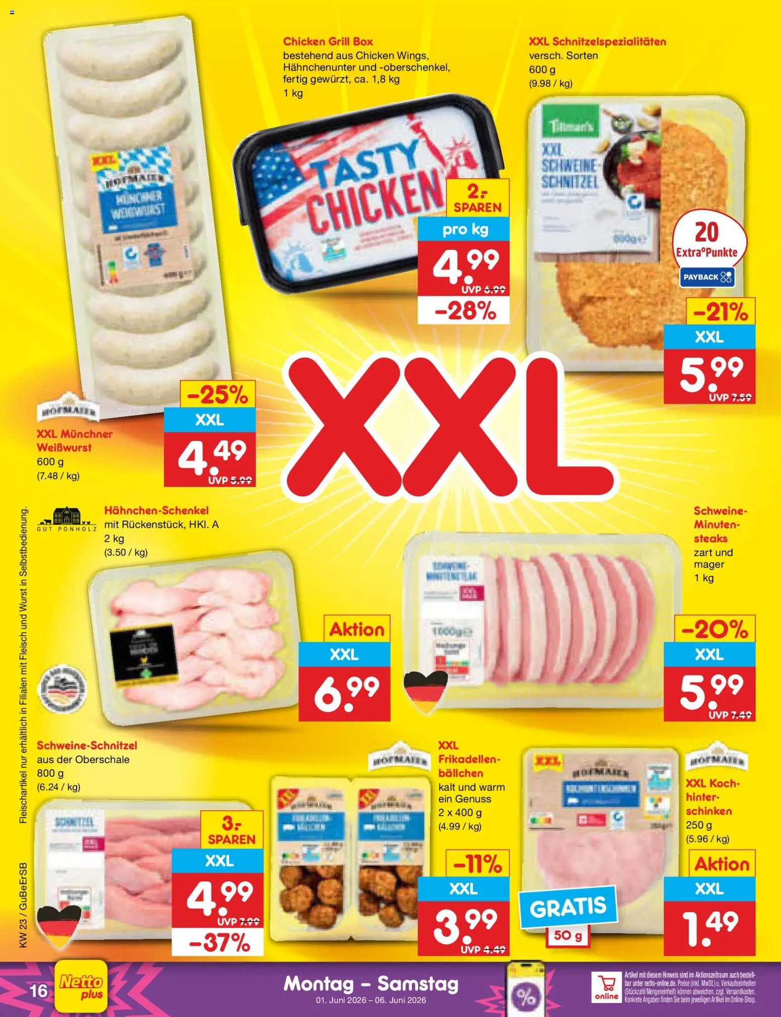 Netto Marken-Discount Prospekt – gültig ab 01.06.2026 | Seite: 18 | Produkte: Hahnchenschenkel, Schnitzel, Wurst, Schinken