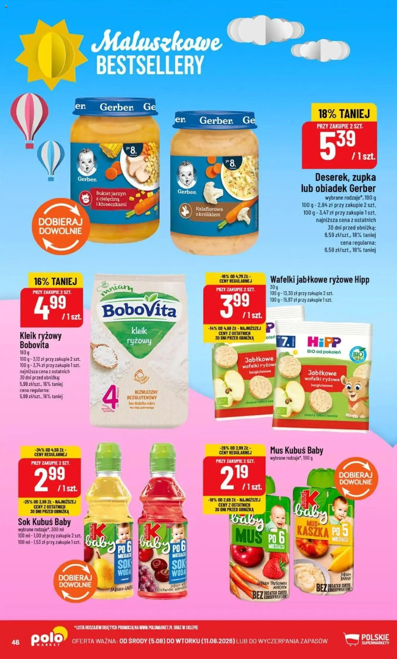 POLOmarket gazetka od 05.08.2026 | Strona: 48 | Produkty: Kleik ryżowy, Kubuś, Wafelki, Sok