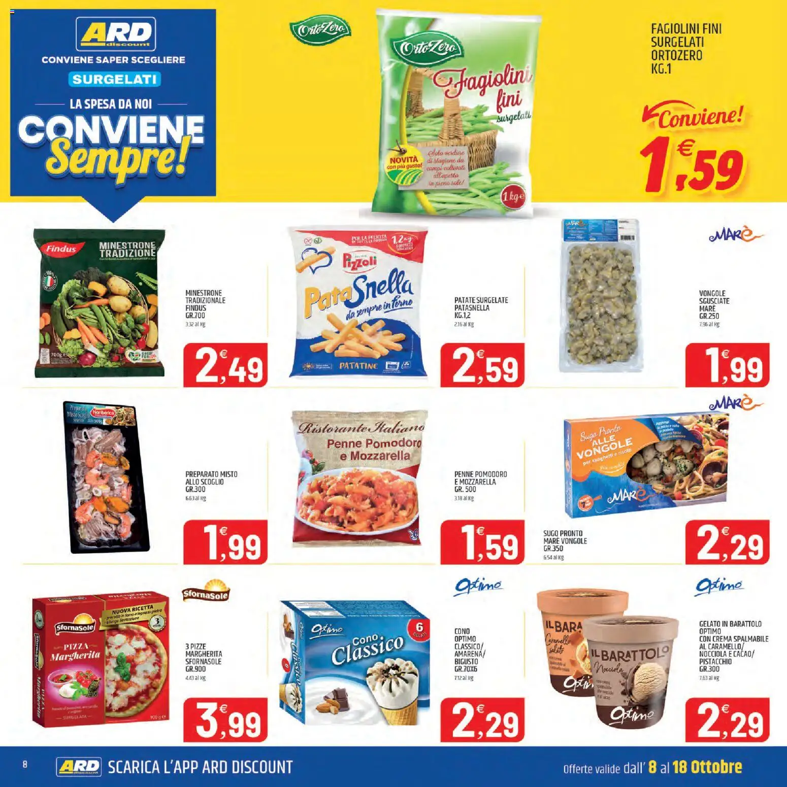 Volantino ARD Discount del 08/10/2026 | Pagina: 8 | Prodotti: Minestrone, Pizza, Vongole, Patate