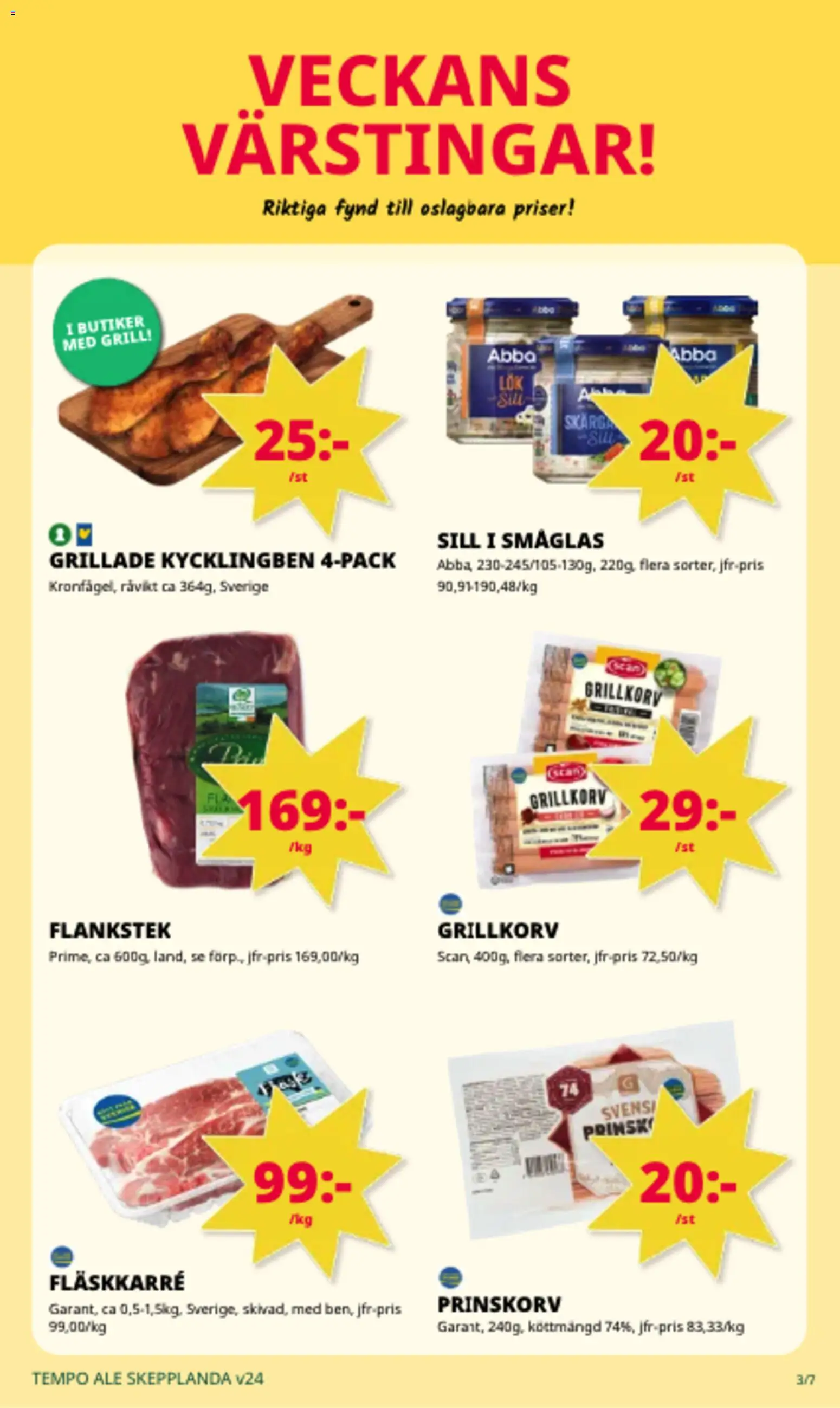 Tempo reklamblad aktuell från 08.06.2026 | Sida: 3 | Produkter: Grill, Prinskorv, Sill, Grillkorv