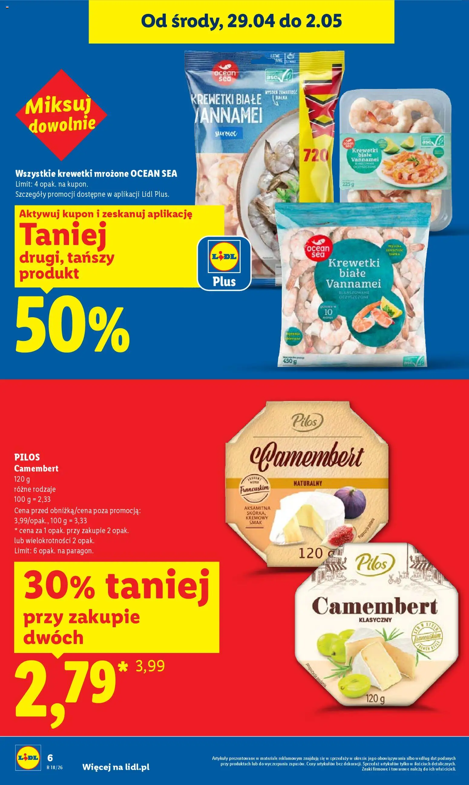 Lidl gazetka od 29.04.2026 | Strona: 6 | Produkty: Krewetki, Krewetki białe, Krewetki mrożone, Camembert